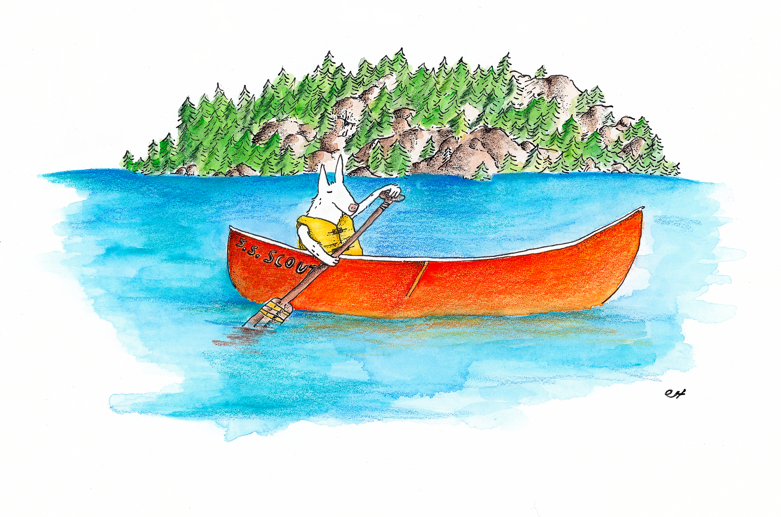 The illustration depicts a whimsical scene of a white Shiba Inu with long ears, steering an orange canoe across a vibrant blue lake. The character is wearing a yellow life vest and is actively paddling with a wooden oar. The canoe itself is depicted 