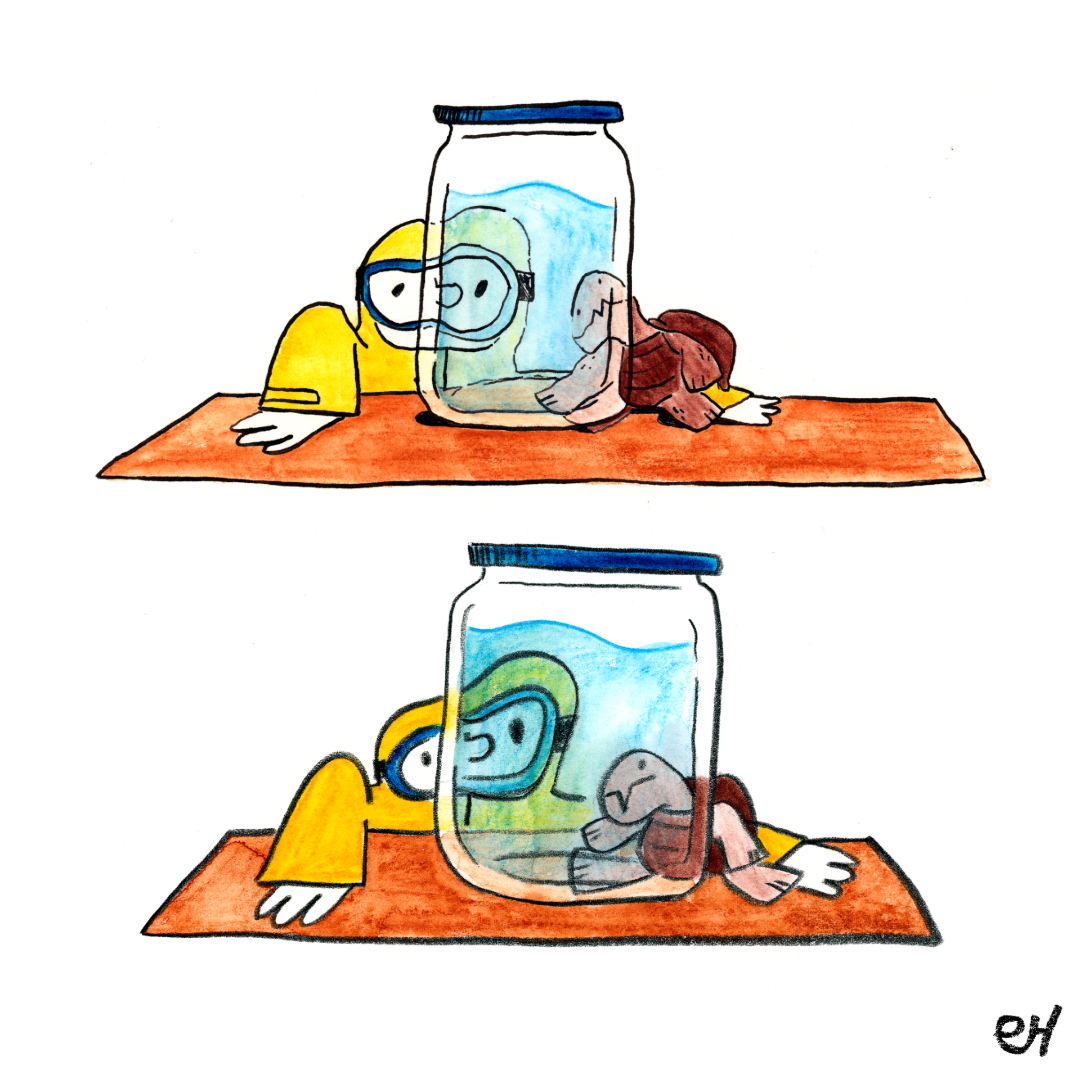 The image is a cartoonish illustration split into two panels. The first panel is outlined with black India ink from a nib/dip fountain pen. The second is outlined in black colored pencil. In each panel, a character in a yellow rain jacket with snorke