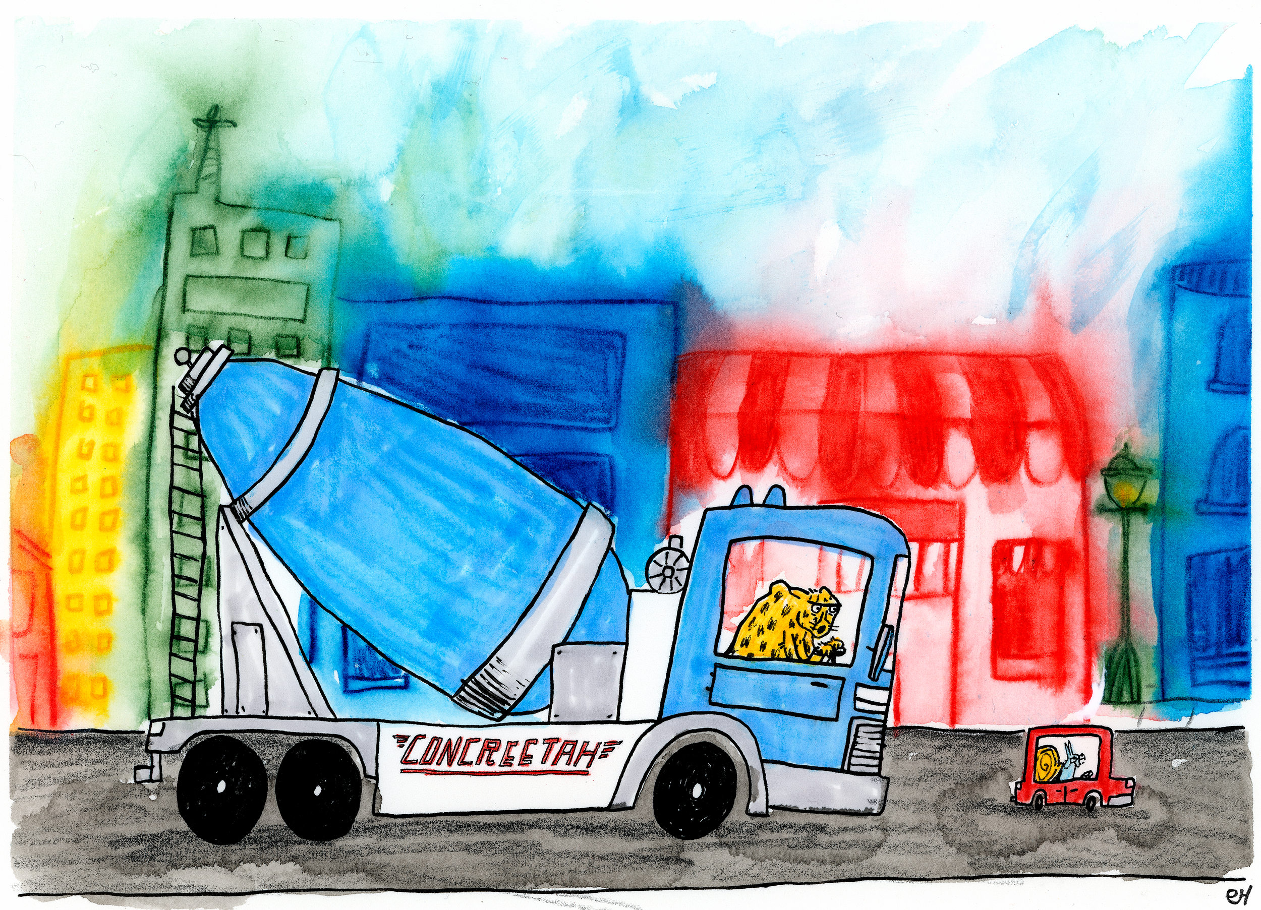 This is a colorful and humorous watercolor illustration of a city street. A large blue cement mixer truck, driven by a cheetah, is stuck in traffic behind a tiny red car driven by an elderly snail. The background is a blur of abstract buildings in re