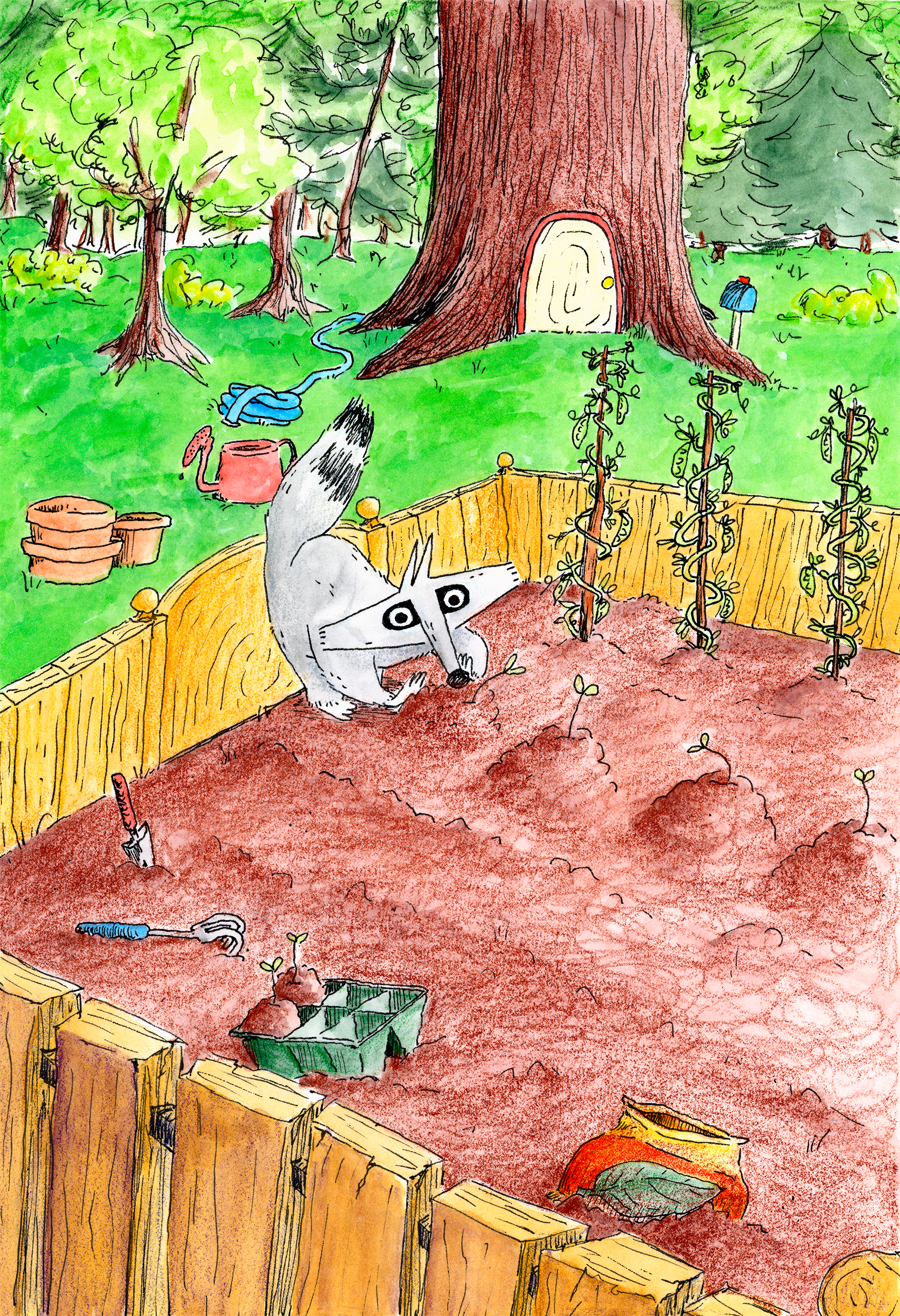 This illustration captures a garden scene with Plink the raccoon tending to his garden. A large tree with a door at its base provides a backdrop, along with gardening tools and lush greenery. The artwork has a charming, hand-drawn quality with vibran