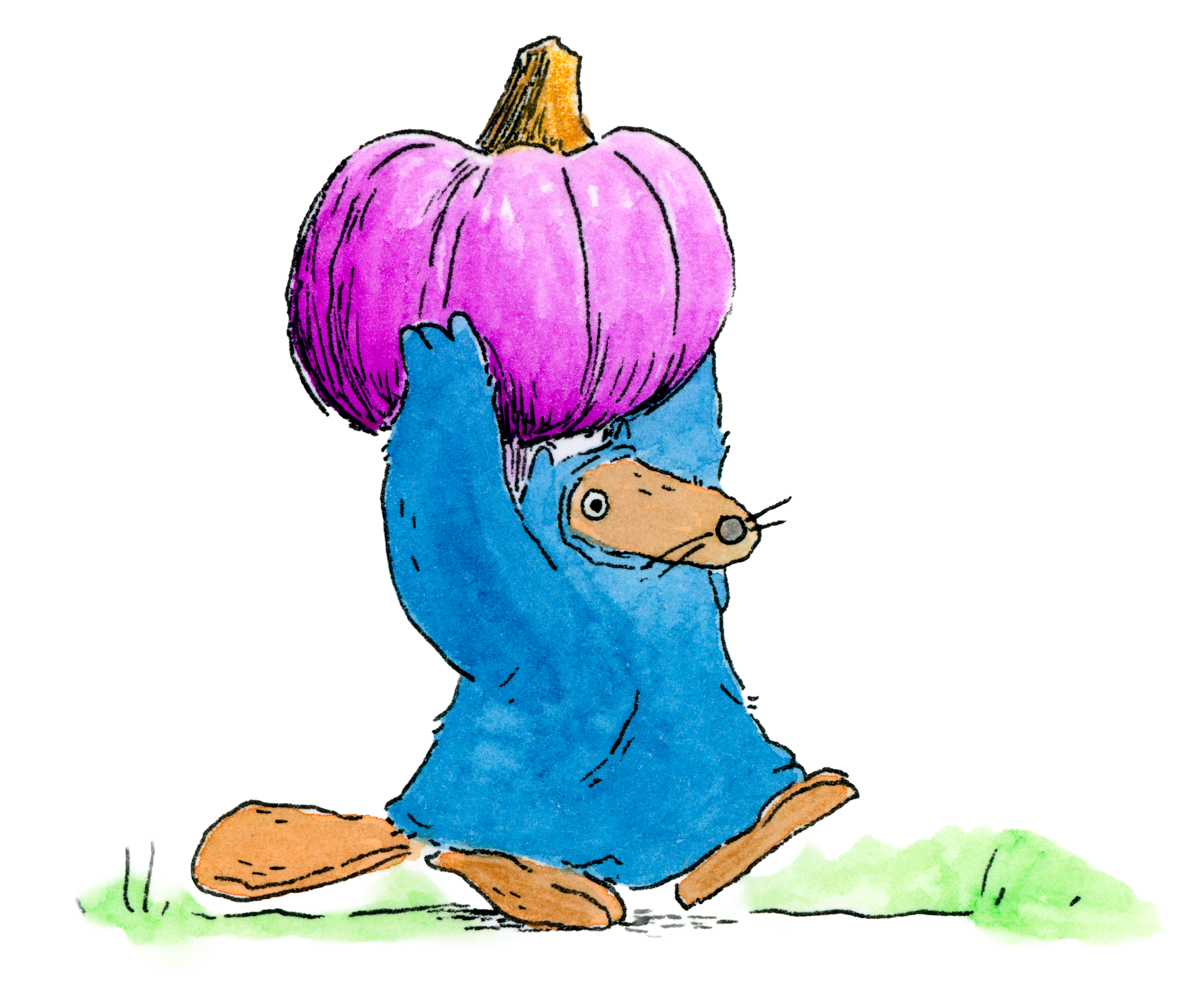 The image features a cartoonish animal character, adorned in a blue costume, carrying a large purple pumpkin above its head. The character has a brown snout with a visible eye and whiskers. It is positioned in a walking motion, with its brown feet vi