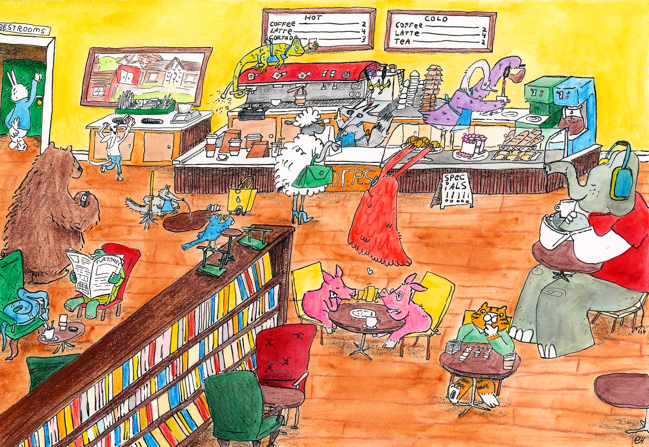 This is a whimsical watercolor, colored pencil, ink, and gouache illustration of a lively coffee shop filled with animals engaged in various activities. The scene depicts a bustling atmosphere with customers ordering drinks, enjoying their beverages,