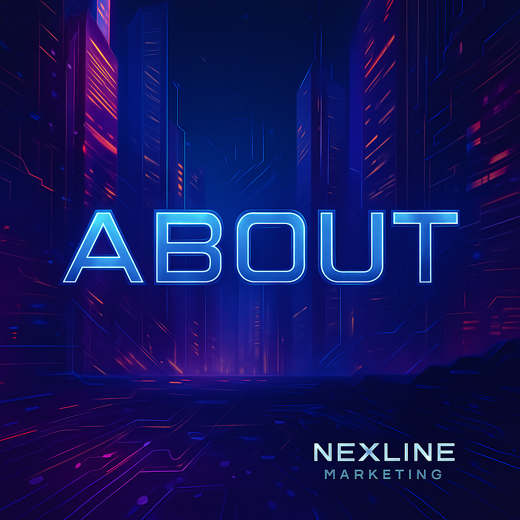 Futuristic neon-lit cityscape with glowing 'ABOUT' and 'NEXLINE MARKETING' text cinematic intro to the studio’s mission and values.
