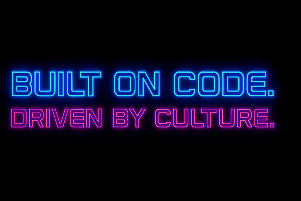 Neon-lit branding slogan ‘Built on Code. Driven by Culture.' in vibrant blue and pink Nexline’s creative philosophy in a visual.
