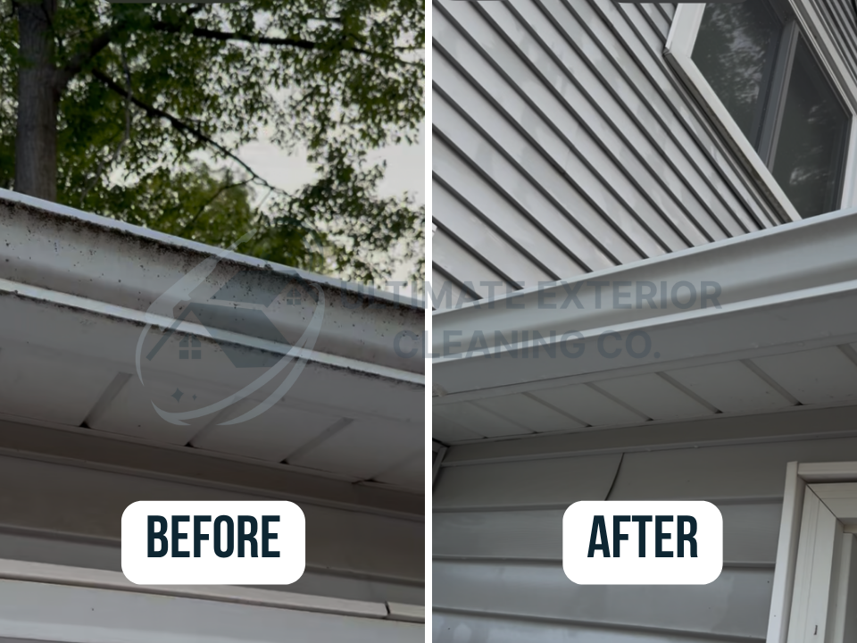From inside out—check out this full gutter glow-up! We cleaned out the debris inside and washed away years of grime on the exterior for gutters that work and look like new.
