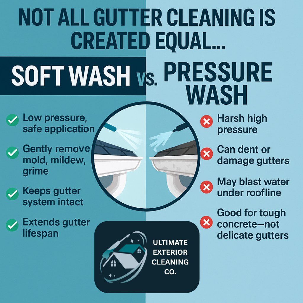 Think blasting your gutters with high pressure is the way to clean them? Think again.
💥 Pressure washing might work for concrete, but when it comes to delicate gutters&mdash;it can do more harm than good.

We use soft washing: a low-pressure system 