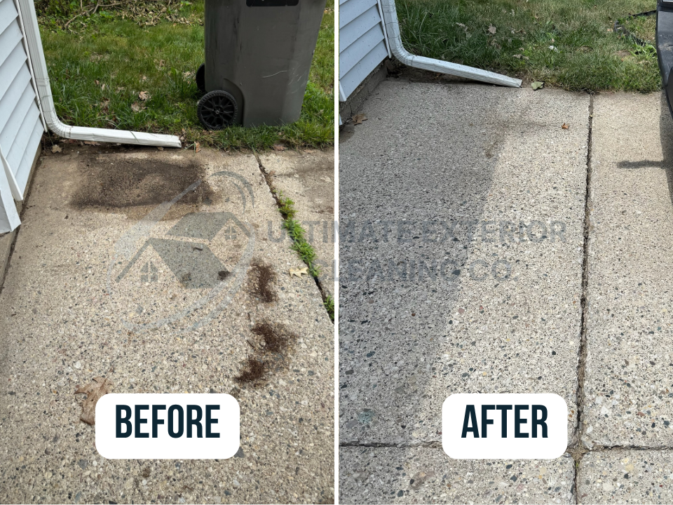 One massive stain—completely gone. 💥 Our pressure washing cut through years of buildup and a tough oil stain to restore this driveway to its original look.