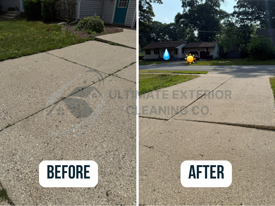 Swipe to see this Grand Rapids driveway go from grimy to gleaming! 💦 Our professional pressure washing service cuts through years of dirt, stains, and weather buildup—leaving your concrete looking brand new.