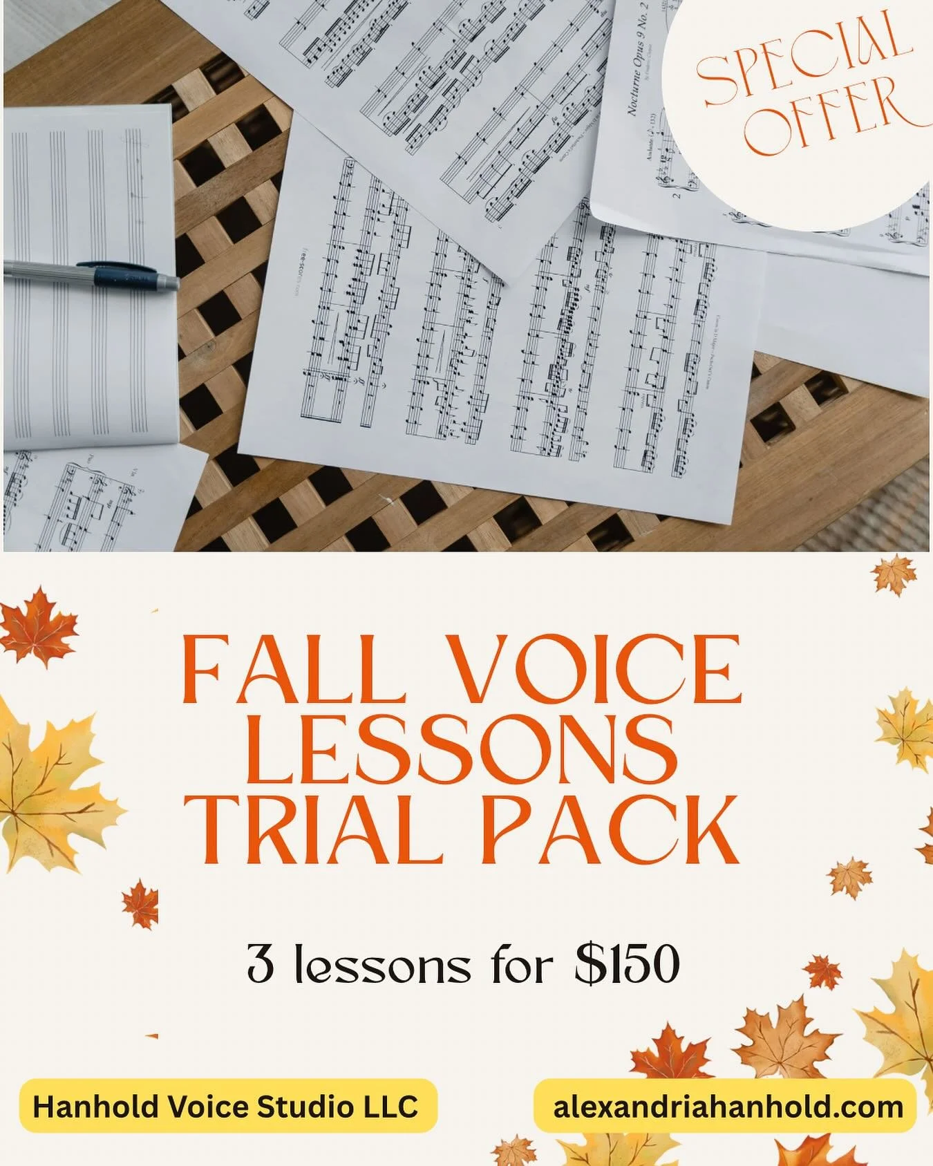Curious about working with me? Been thinking about lessons but not ready to commit long-term? This fall, I&rsquo;m offering a new student trial pack - get 3 one hour lessons just for $150!*
 
Perfect for:
✅ Singers prepping auditions or roles
✅ Begin