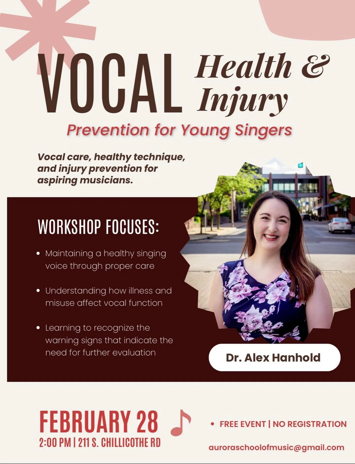 Up next: Vocal Health &amp; Injury Prevention!

🗓 Saturday, February 28th
⏰ 2:00 PM
📍 Aurora School of Music
🎟 Free &amp; open to the public

Designed for singers of all ages and styles, this session will cover basic vocal anatomy, managing fatigu