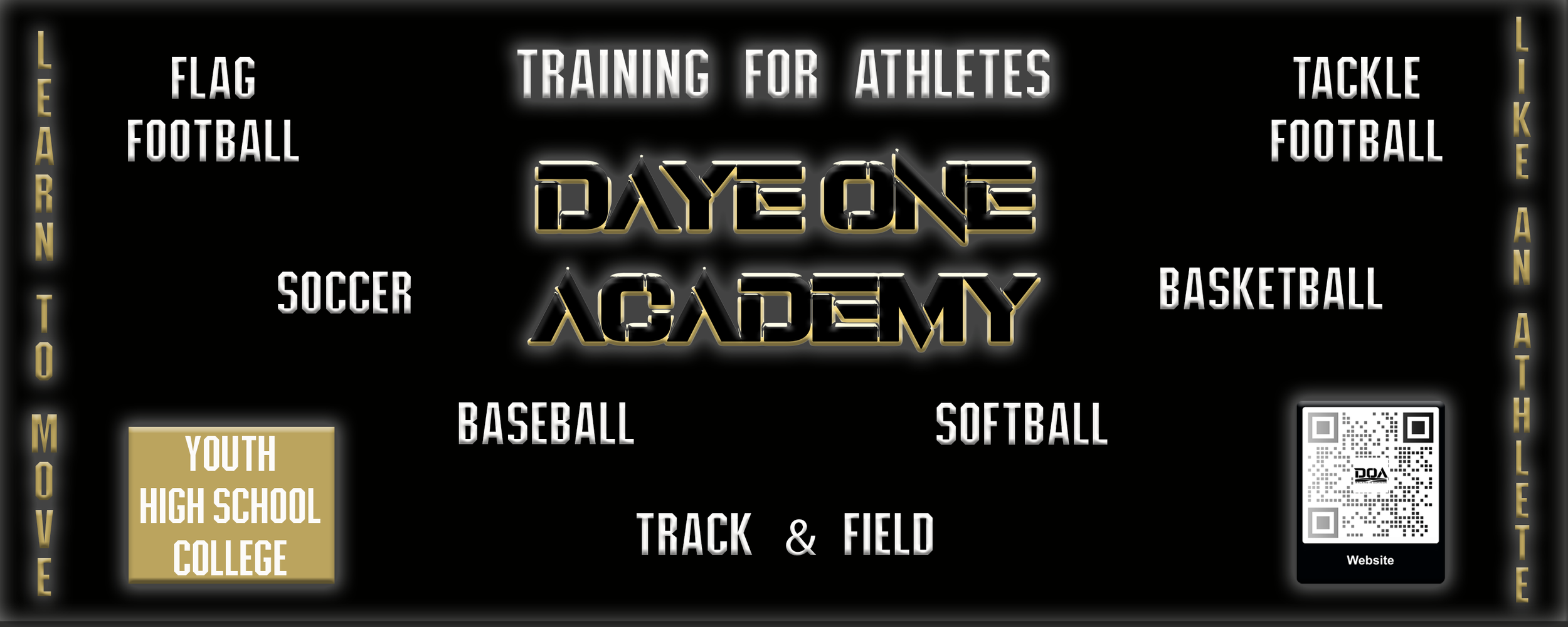Black promotional banner for Daytona Academy with sports training programs, including flag football, soccer, baseball, track & field, tackle football, basketball, and softball, with QR code for website.