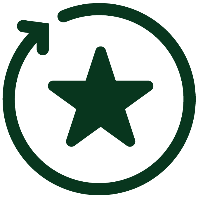 Dark green circular icon with a star in the center and a curved arrow at the top left of the circle.