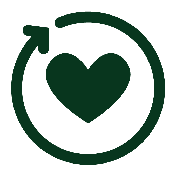 A dark green heart surrounded by a circular arrow, symbolizing love and renewal.