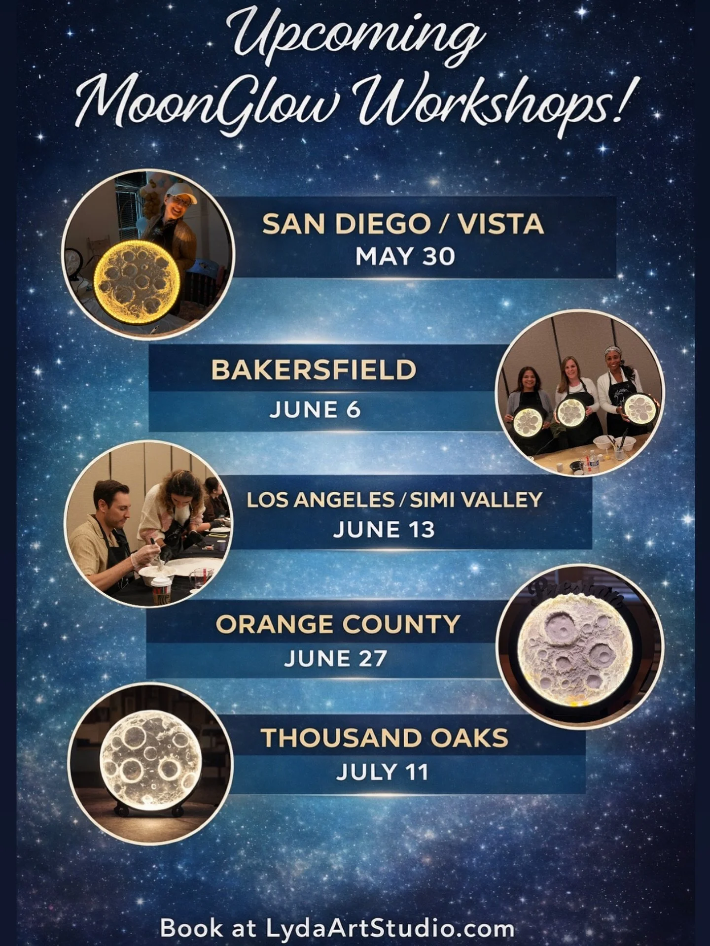 We are bringing our most loved MoonGlow workshop to your city🌙🎉
Join us and create your own glowing moon.

#sandiegoevents 
#losangelesworkshops 
#thousandoaksevents 
#californiaworkshop 
#workshop