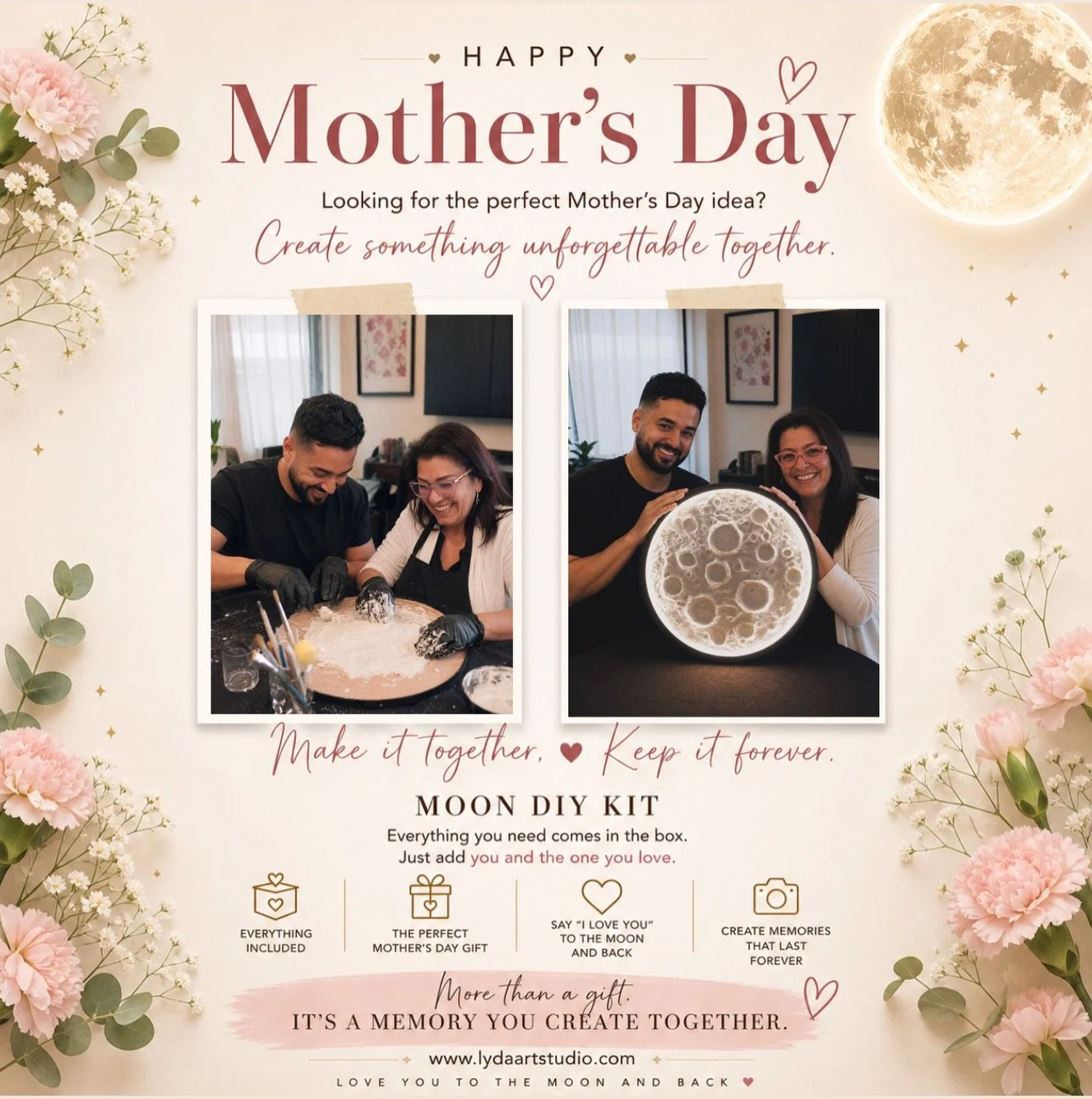 Still don&rsquo;t know what to get for Mother&rsquo;s Day?
This is it.
Create something together, not just give something.
Our Moon DIY Kits come with everything you need to make your own moon and turn it into a memory you&rsquo;ll keep forever.
Free