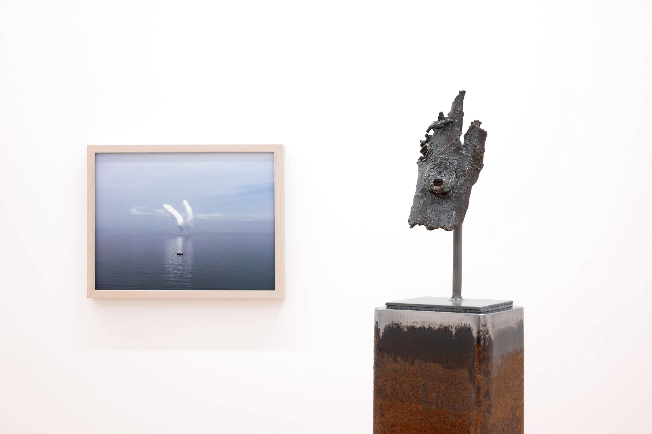 Foreground: Untitled (Cavell Street) 2025 Bronze 230 x 100 x 110 mm. Background: Amur (Vladivostok) 2016 – 2025 Photographic print on Hahnemuhle paper 370 x 480 mm (framed)
Photo credit Marc Blake