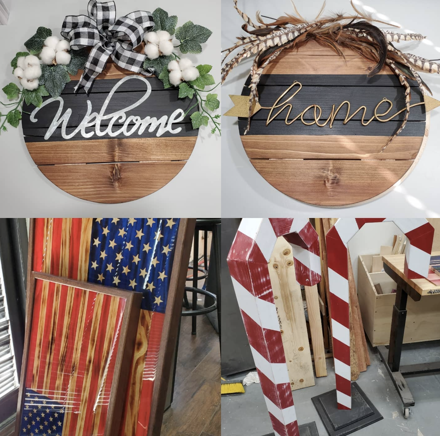Decorative wooden signs with American patriotic themes, including one with the word 'welcome' adorned with cotton and greenery and another with the word 'home' decorated with feathers, placed on a white background.
