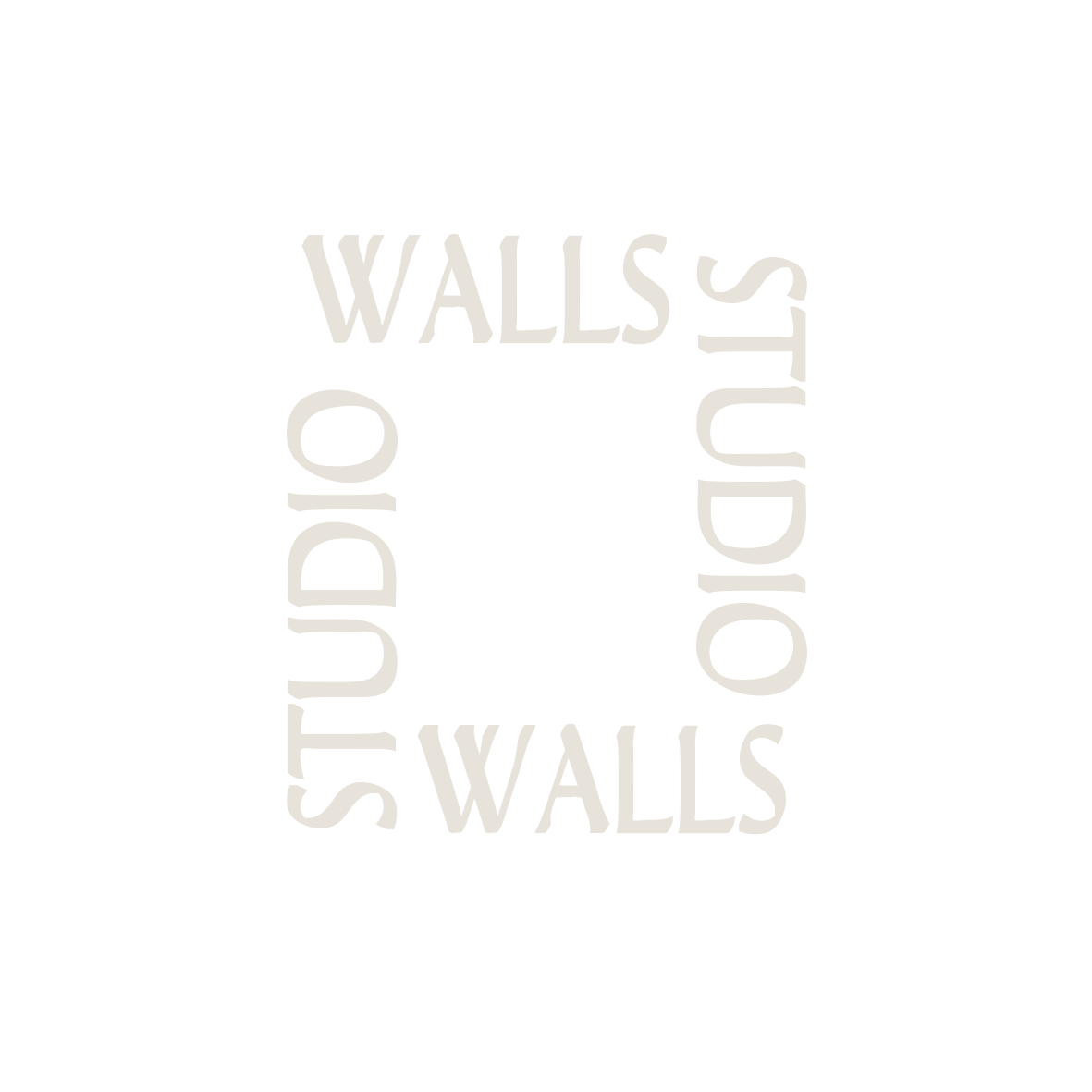 Text in a circular layout with the words 'WALLS' in a black rectangle at the top, and 'STUDIO' and 'WALLS' written around in light gray.
