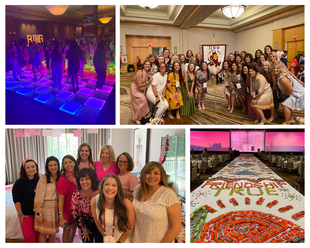 Collage of five photos from a conference or gathering. Top left shows people dancing on illuminated dance floor with 'RING' sign. Top right features a group of women posing with a banner at an event. Bottom left has women smiling in a room with pink