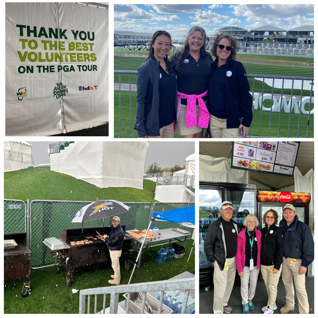 A collage of photos from a PGA Tour event: top left features a sign thanking volunteers; top right shows three women smiling in front of a golf course; bottom left depicts a person cooking steaks at a grill with an umbrella overhead; bottom right has