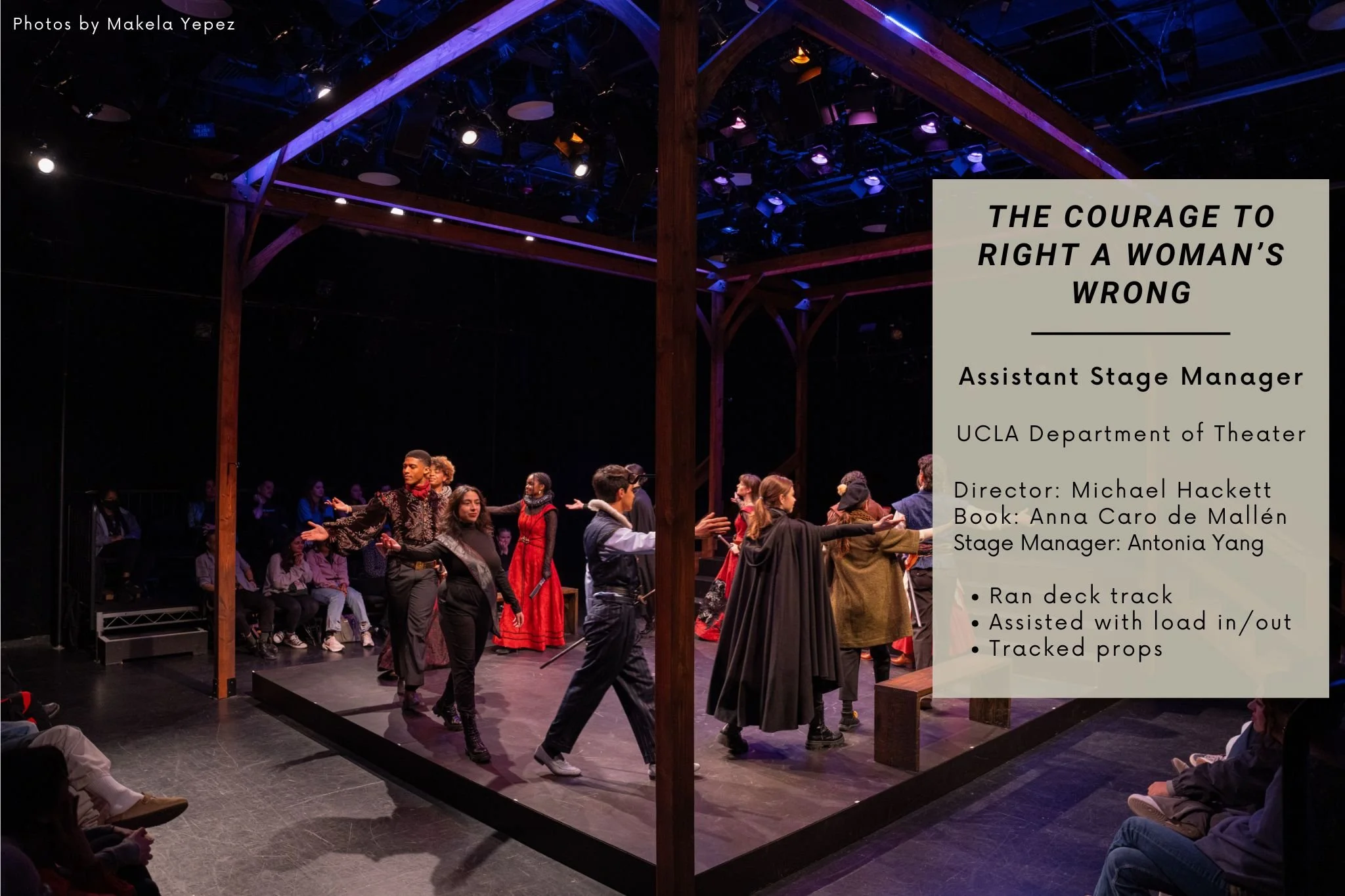 A theater stage with actors and audience, wooden structure, and stage lighting, during a performance of 'The Courage to Right a Woman's Wrong' by UCLA Department of Theater.