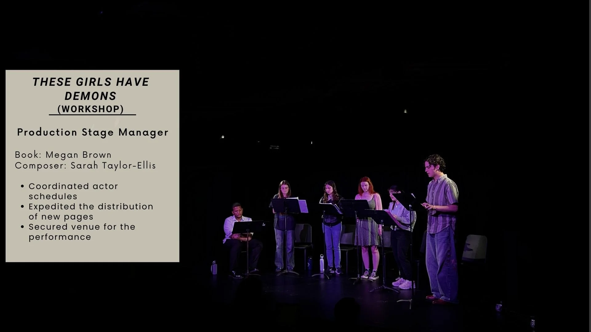 A stage performance scene with five actors standing and one sitting, reading scripts. A large beige slide with black text is on the left side of the image, titled "These Girls Have Demons (Workshop)." The stage lighting is dark, with a black backdrop