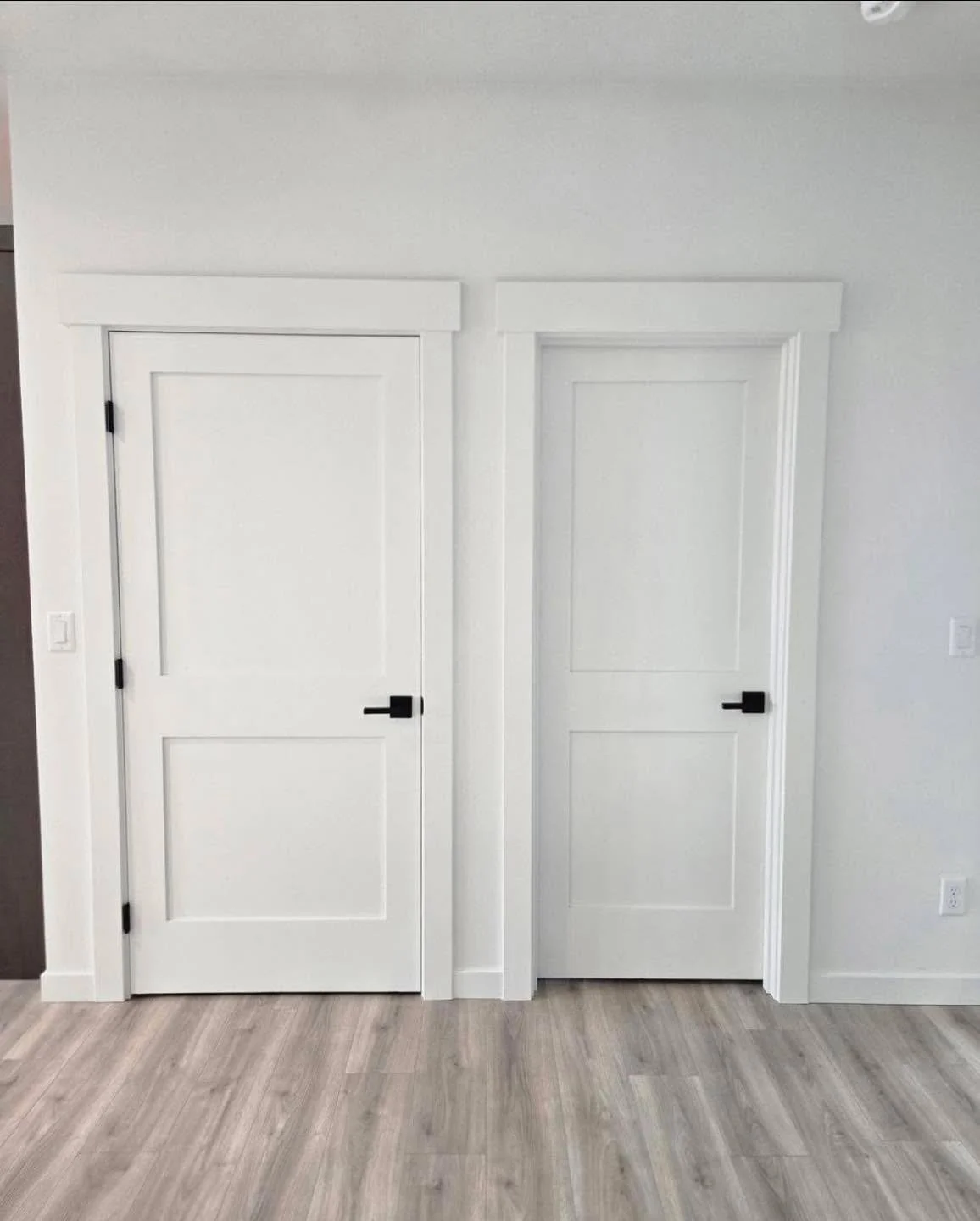 One of our favorite parts of trim is how much of a slight style adjustment changes the look and feel inside of a home. 

The first photo shows a modern, clean-lined Craftsman trim. It&rsquo;s wider, sharper, and instantly more updated. The second pho