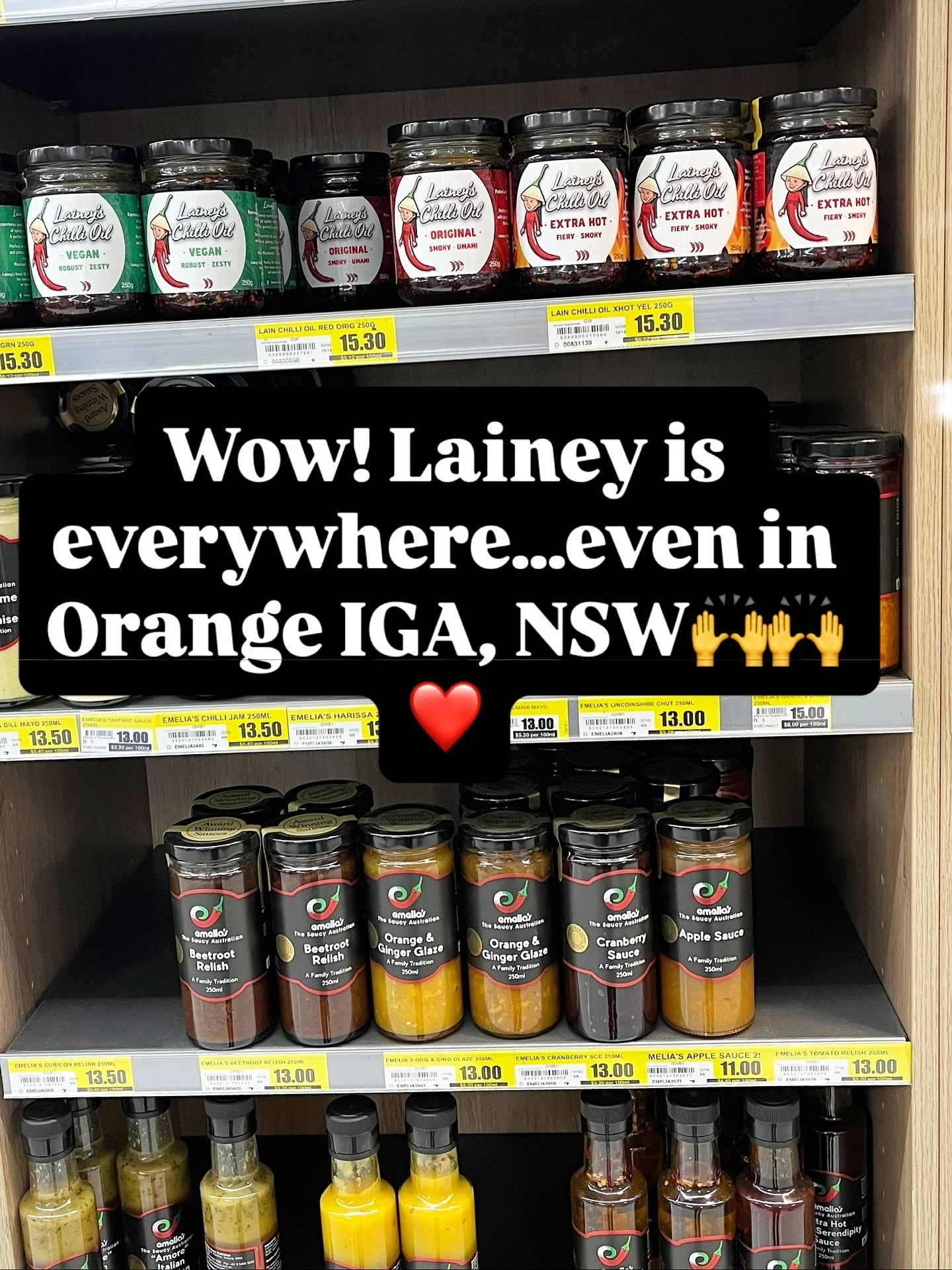 Look what one of our amazing fans spotted, Lainey&rsquo;s Chilli Oil on the shelf at Ashcroft IGA in Orange! 
It&rsquo;s always such a thrill to see our jars out in the wild, and this snap with our Lainey front and centre has absolutely made our day.