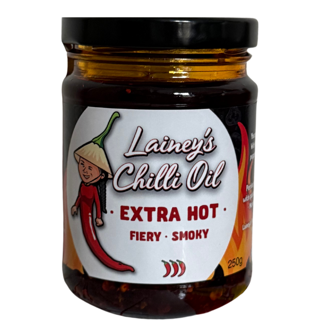 Jar of Lainey's Chilli Oil, Extra Hot, fiery and smoky, 250 grams.