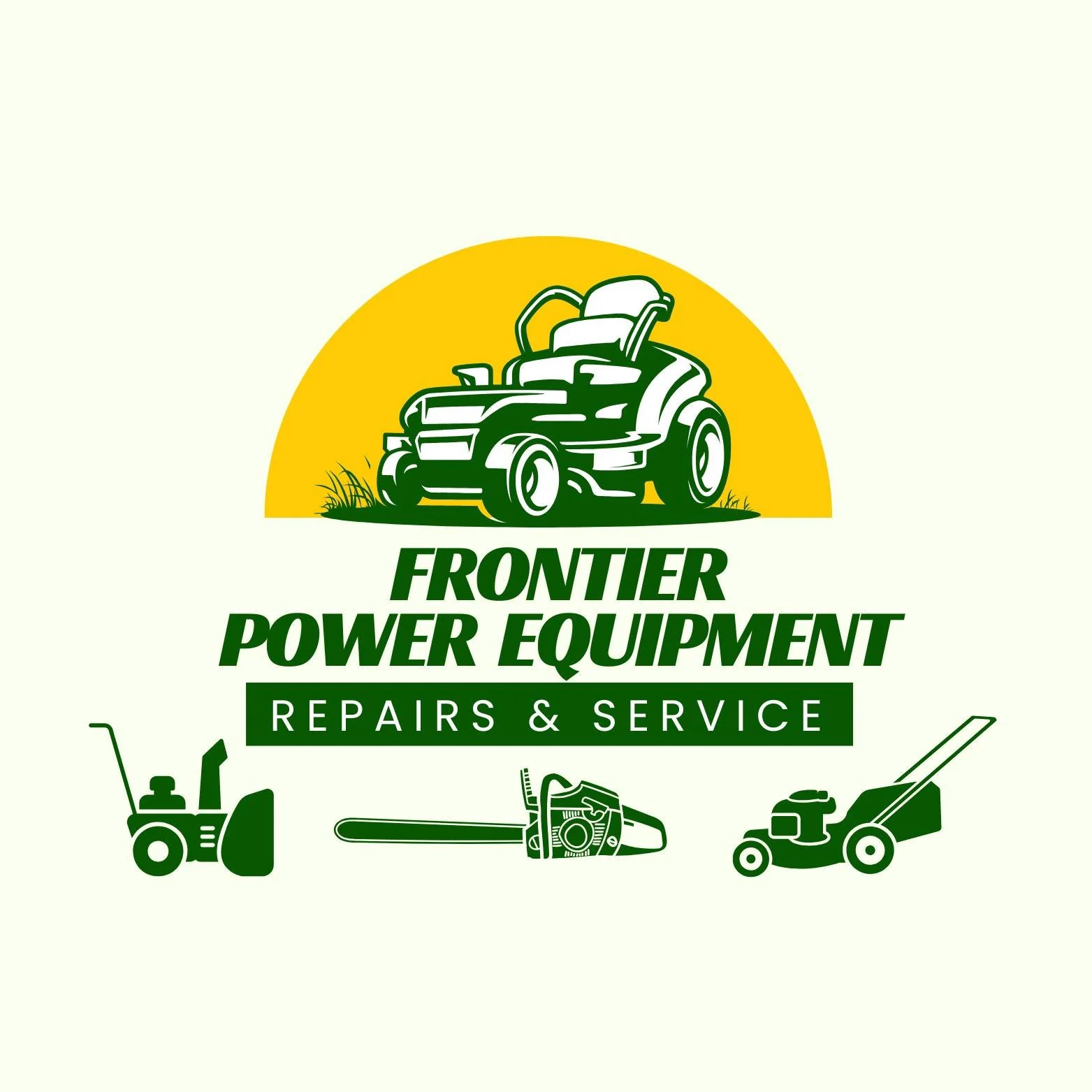 Logo for Frontier Power Equipment featuring a lawn mower, chainsaw, and lawn tractor with a yellow semi-circle background and green text for repairs and service.