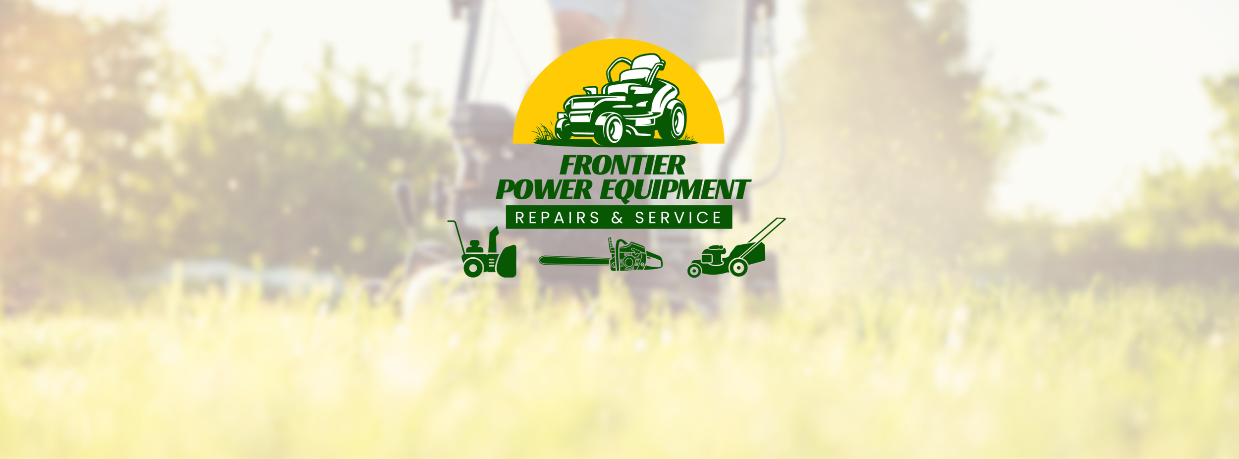 Logo for Frontier Power Equipment Repairs & Service, featuring a yellow circle with a green outline of outdoor power equipment, including a tractor, chainsaw, and lawnmower, set against a blurred outdoor background.