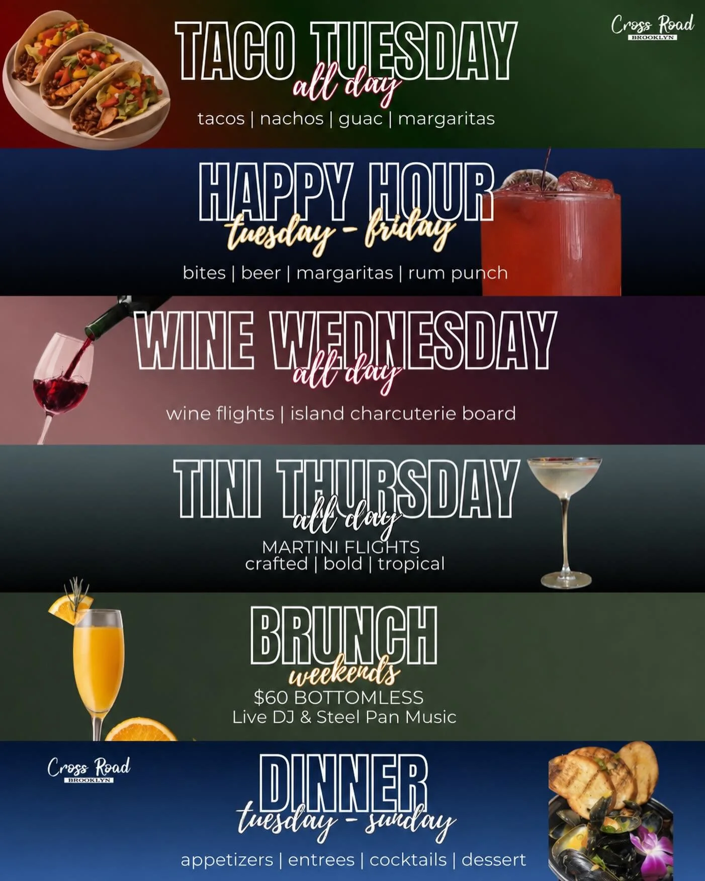 Looking for your new go-to spot in Brooklyn? 🌴✨ Cross Road is the perfect place for date night, birthday dinners, anniversaries, brunch with the girls, happy hour after work, or a casual night out with family &amp; friends 🍹

Join us all week long 