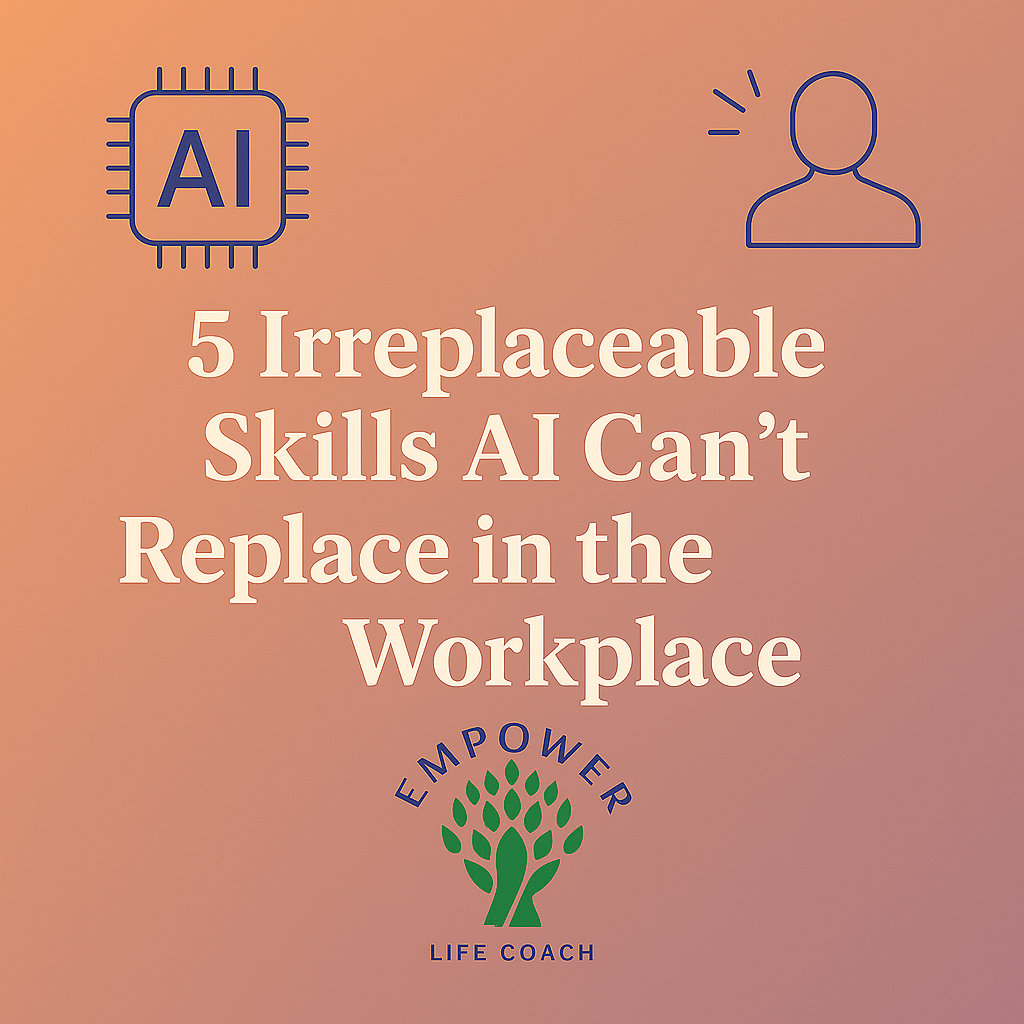 Podcast episode cover for “5 Irreplaceable Skills AI Can’t Replace in the Workplace” featuring AI and human icons on a warm orange-to-purple gradient background — Reset & Reclaim Podcast.