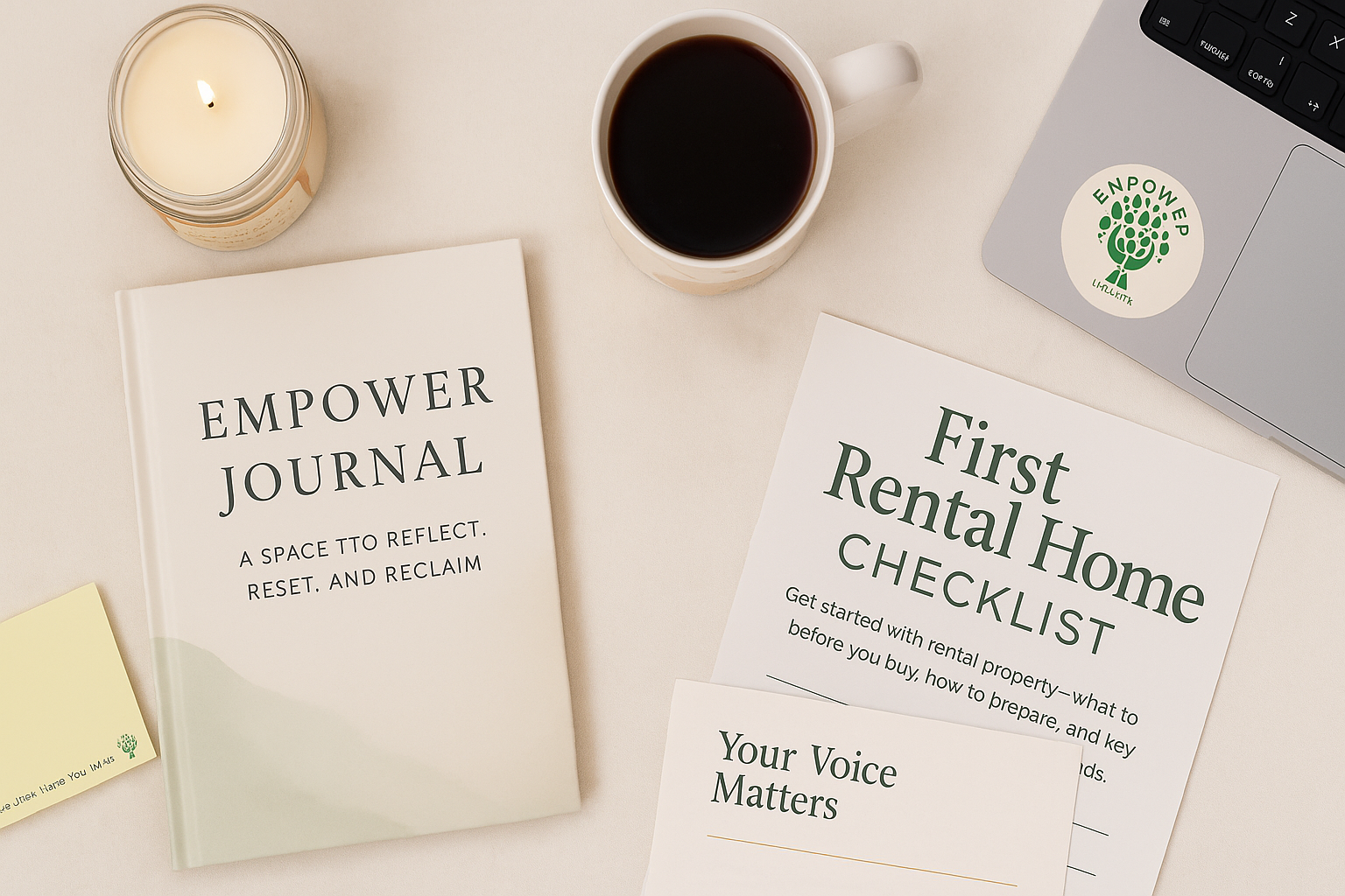 A desk with an empowerment journal, a candle, a cup of coffee, a laptop with a sticker, and a rental home checklist and note paper.