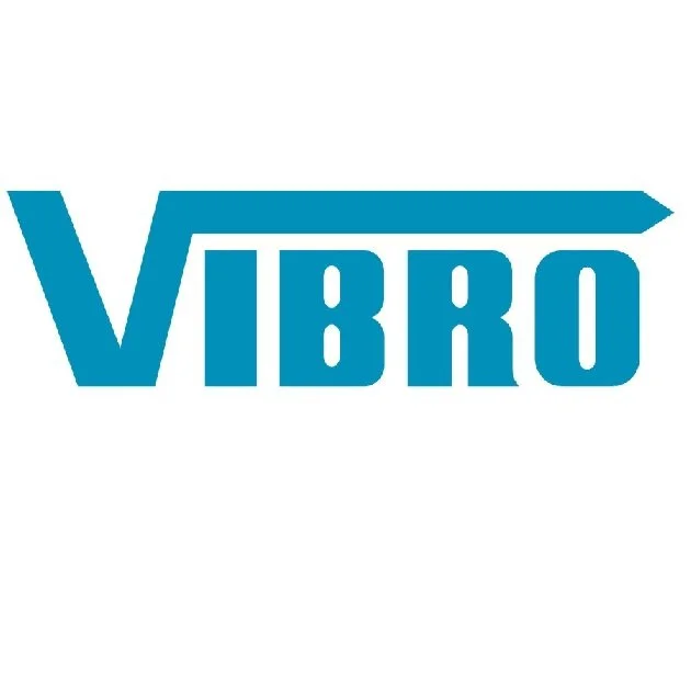Logo with the text 'VIBRO' in bold blue capital letters with an arrow extending from the top of the letter 'V' to the right.
