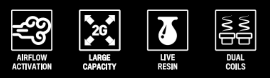 Icons indicating features: airflow activation, large capacity, live resin, dual coils.