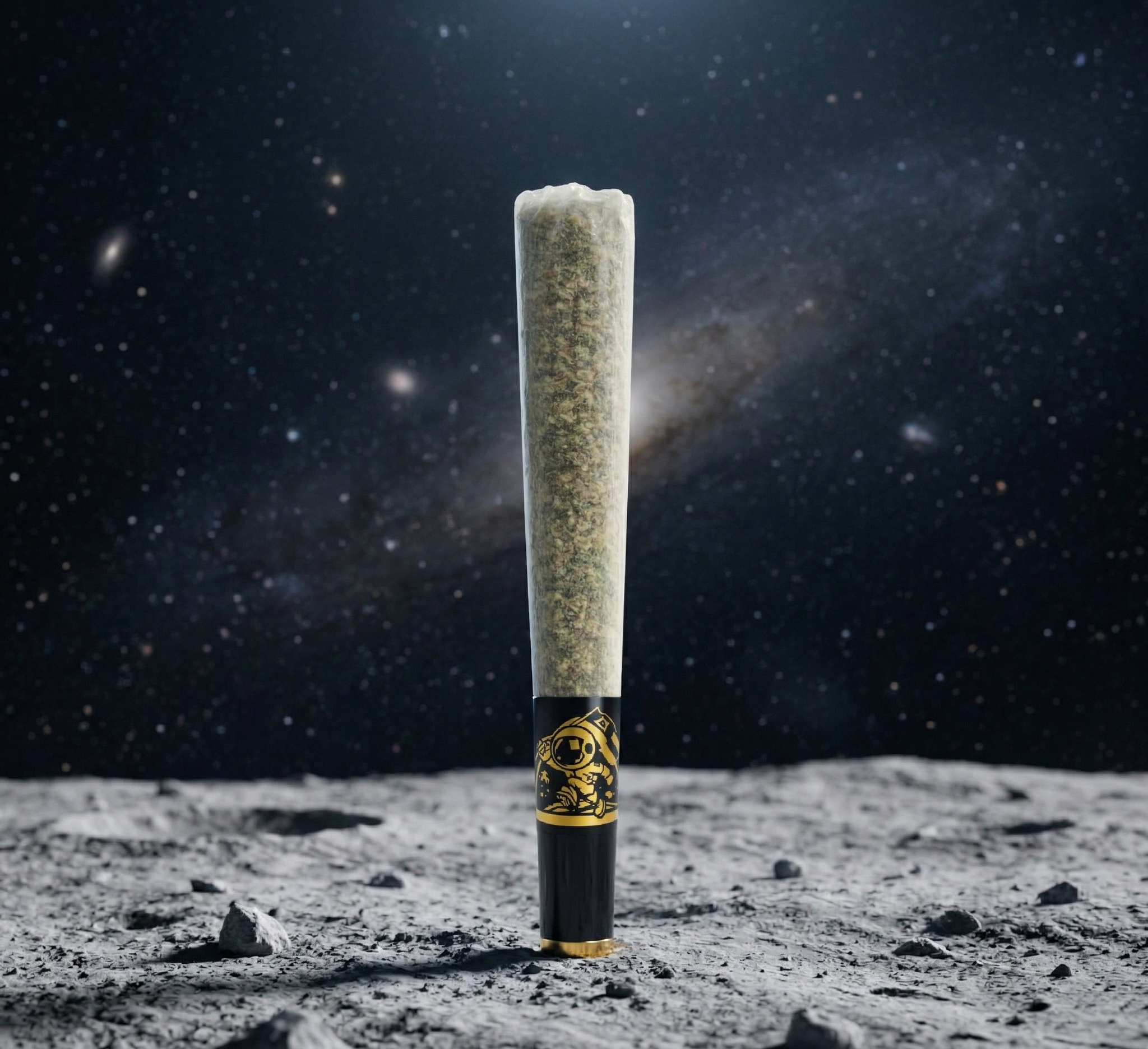 An object resembling a joint with a black band featuring a gold astronaut helmet logo, standing upright on a moon-like surface with a starry sky in the background.