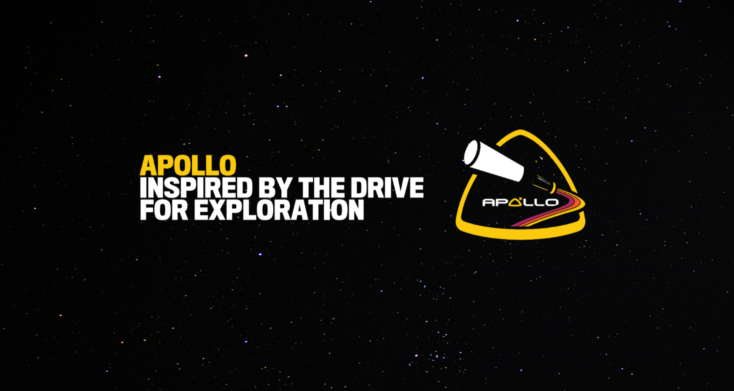 Text overlay on a starry background with a stylized telescope graphic reading "Apollo inspired by the drive for exploration."