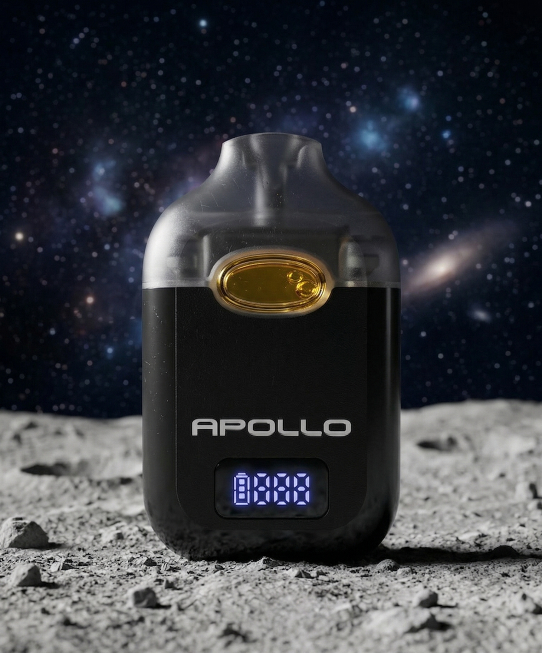 A vape device labeled 'Apollo' on a rocky lunar surface with a starry sky and distant galaxies in space background.