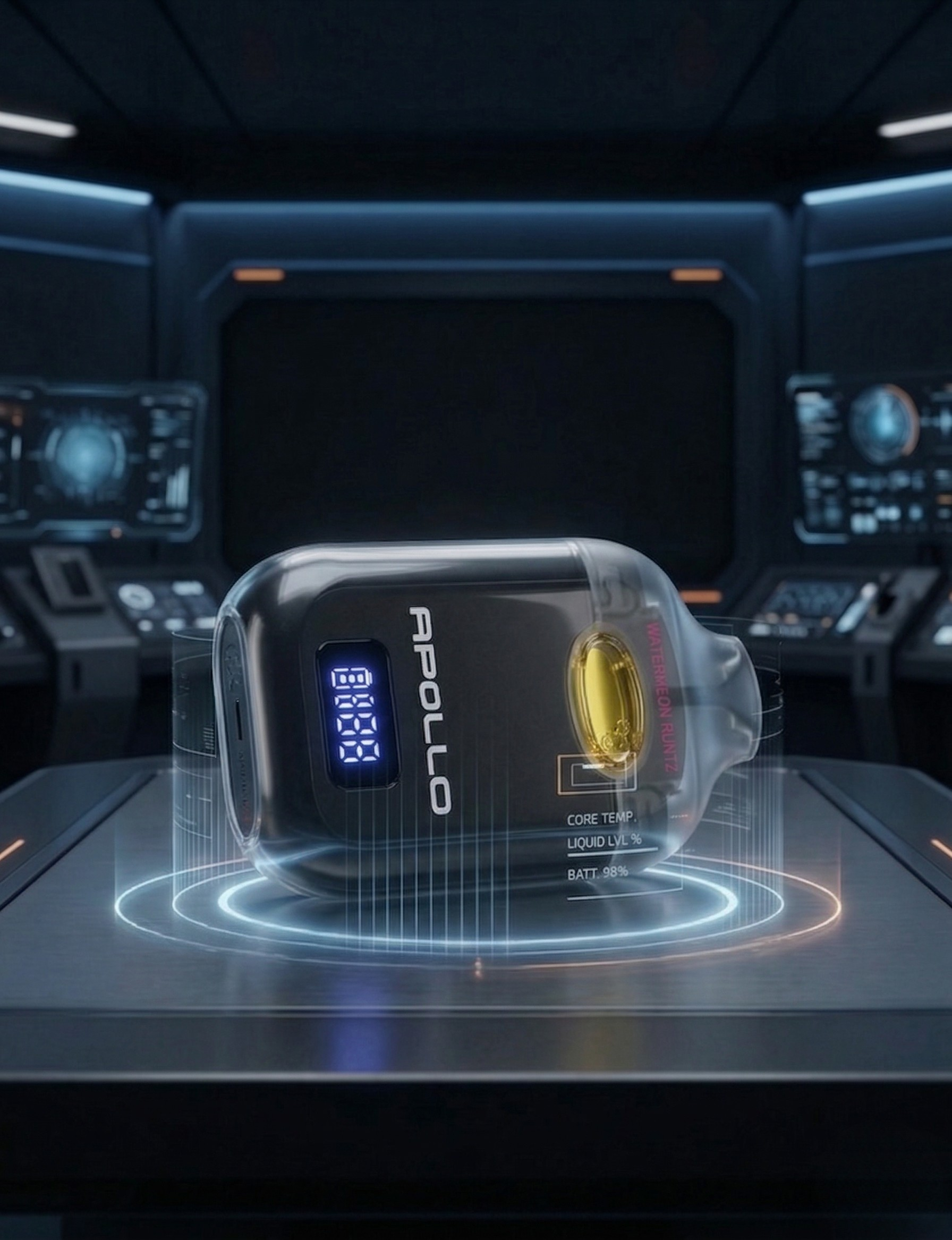 A futuristic digital display showing a product with the label 'Apoulo' and a blue digital readout, inside a high-tech vehicle cockpit.