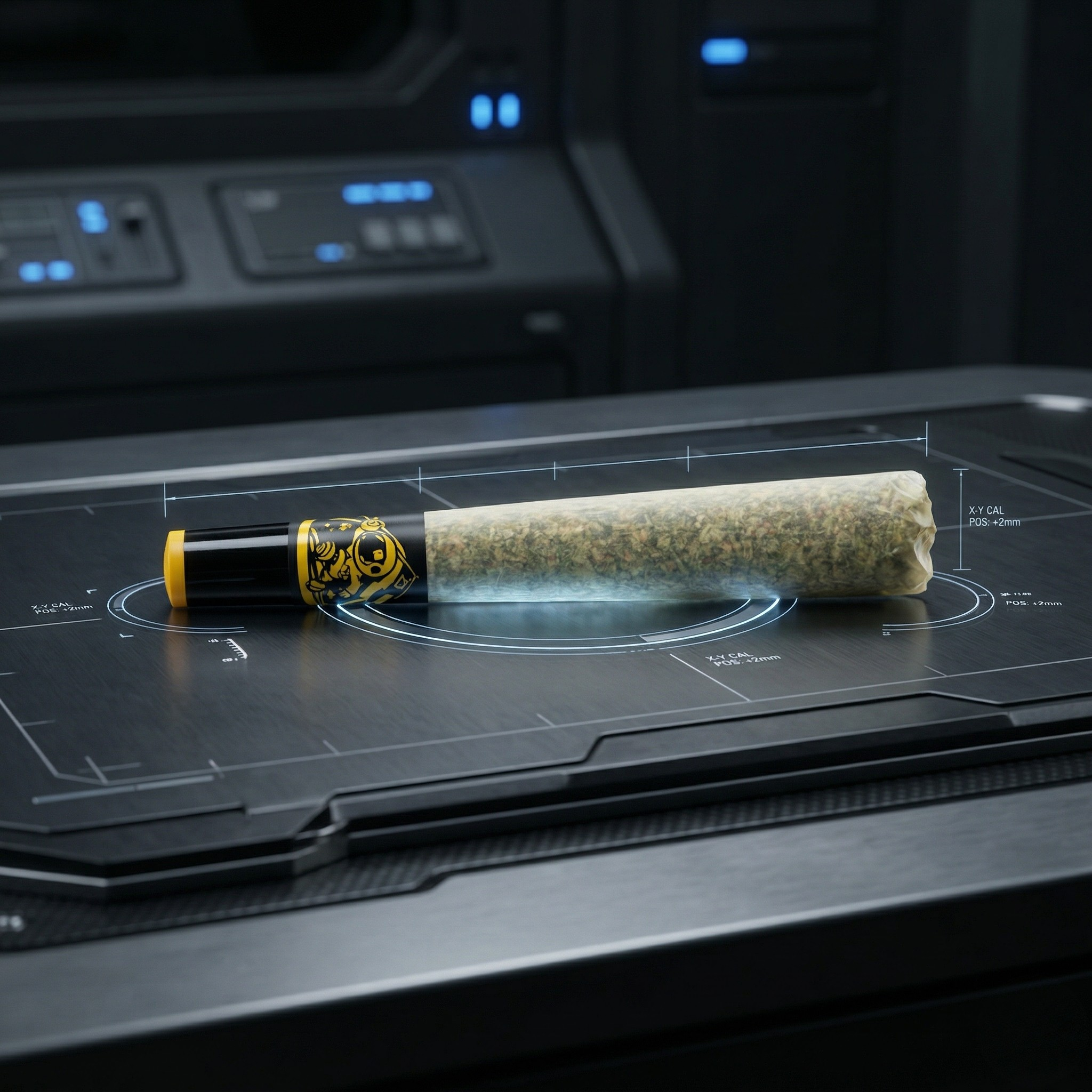 A large joint on a digital display surface in a sci-fi setting, with a cartoon bear logo on the black cap end.