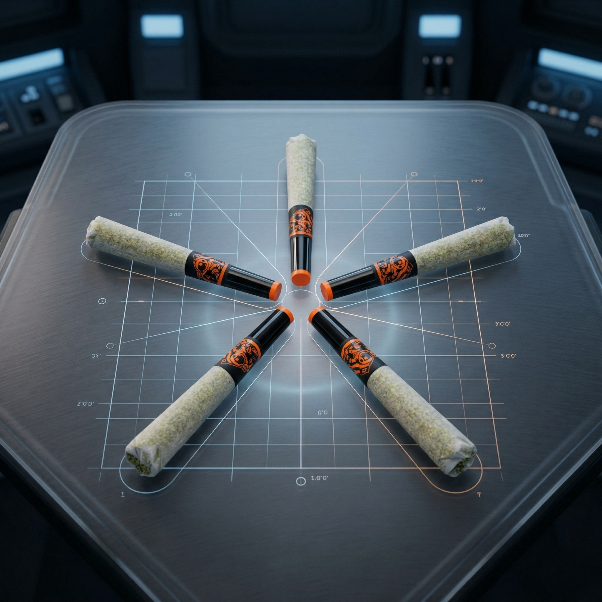 Six jointed pre-rolled joints laid out in a star shape on a glass table with measuring lines in a vehicle cockpit.