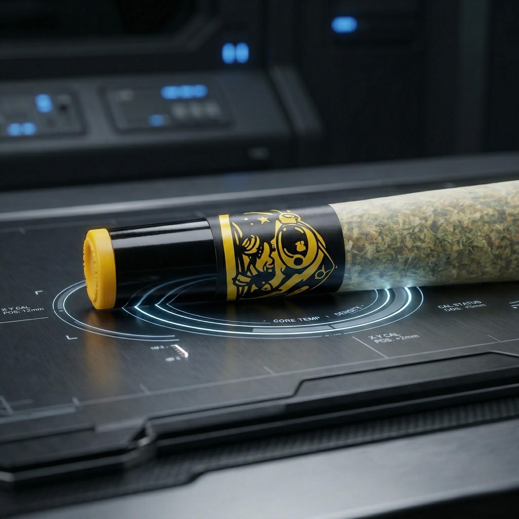 A tube filled with cannabis buds placed on a digital scale with a futuristic display, and a control panel in the background.