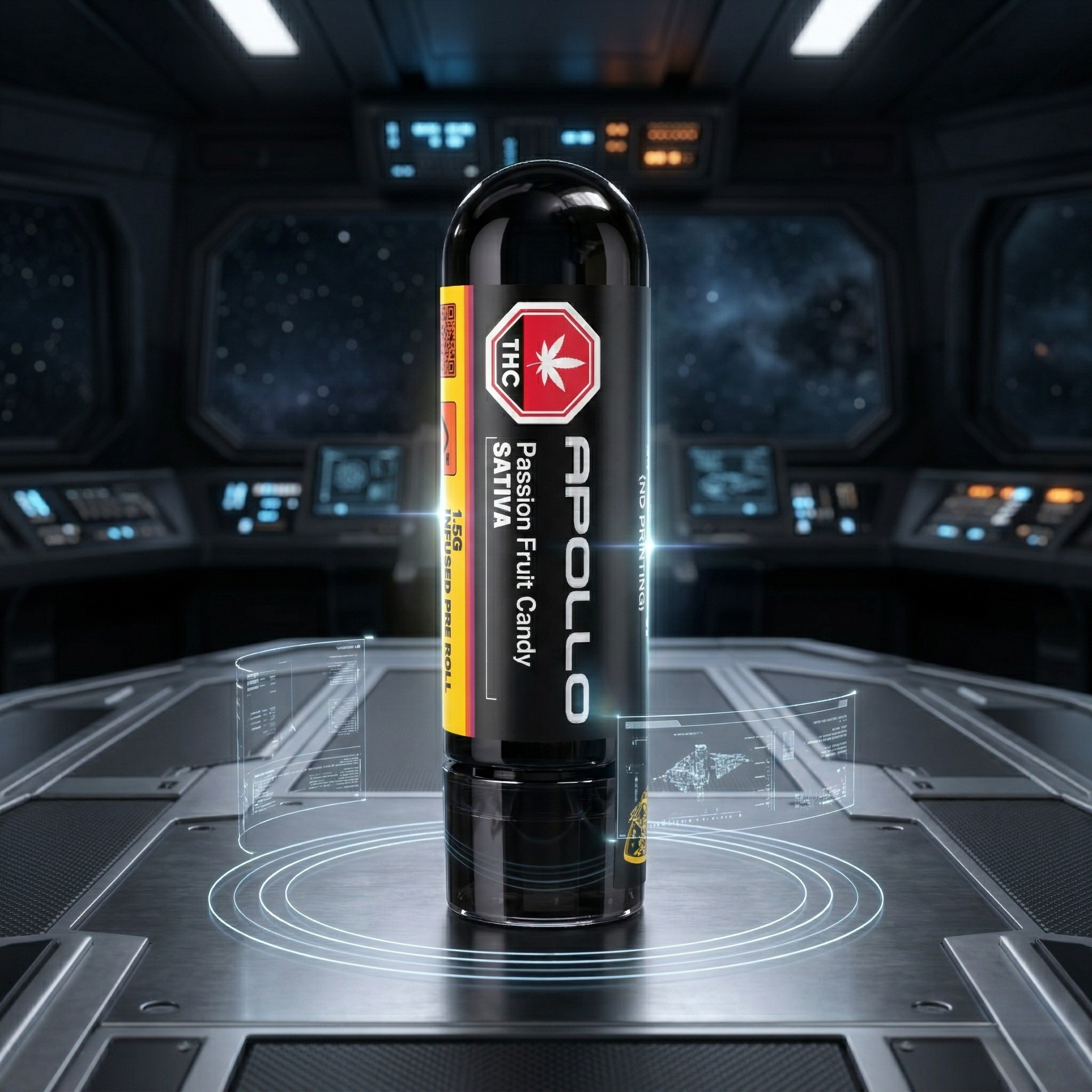 A cylindrical container labeled 'Apollo Passion Fruit Candy SATIVA' with a THC warning sign, placed on a futuristic metallic surface inside a spaceship cockpit with starry space visible through windows.