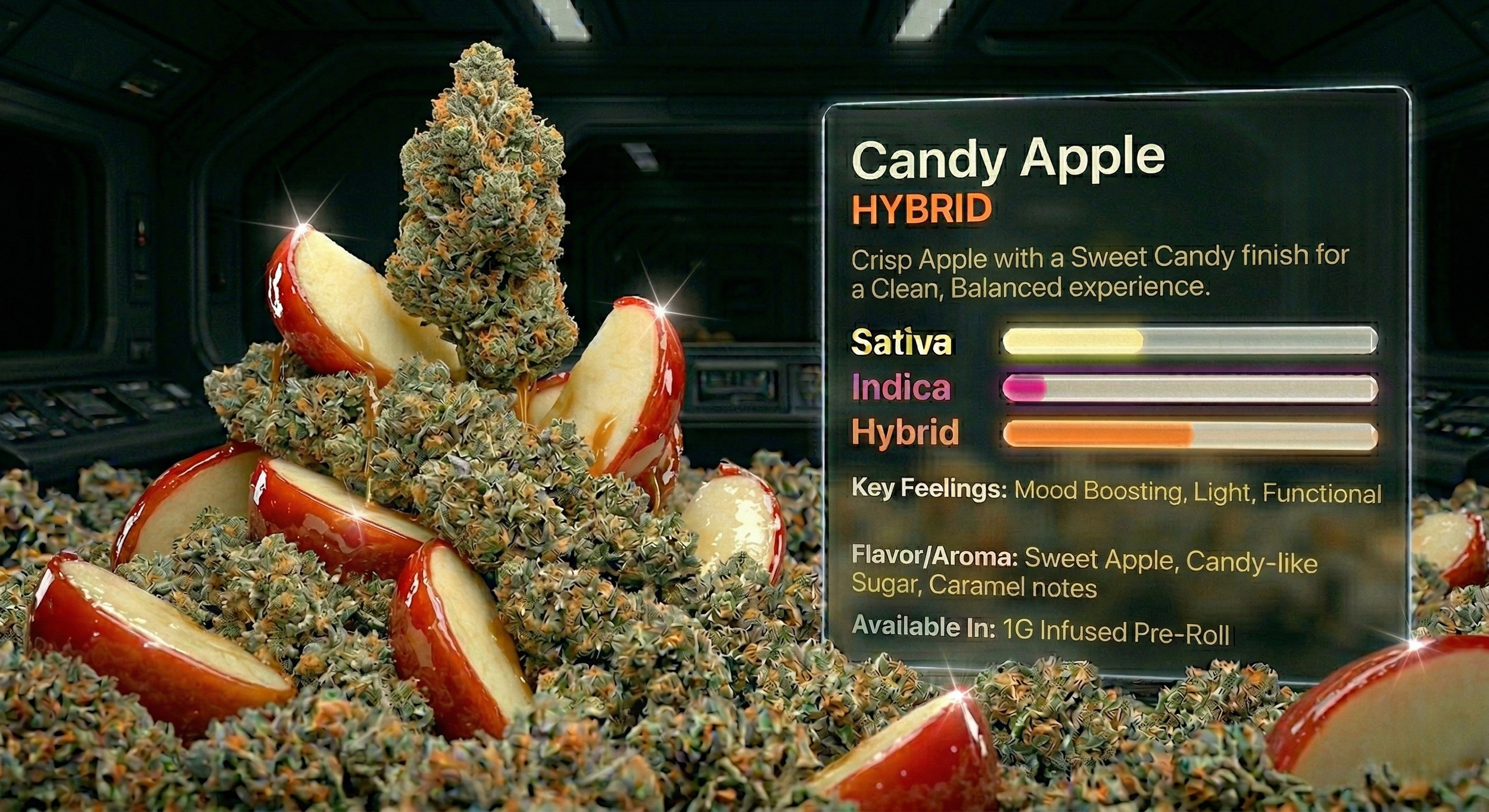 A display of cannabis buds intertwined with slices of red and yellow apples, with an information panel describing a hybrid strain called Candy Apple. The panel highlights it as a sativa-dominant hybrid with a sweet apple and candy-like aroma, mood-bo