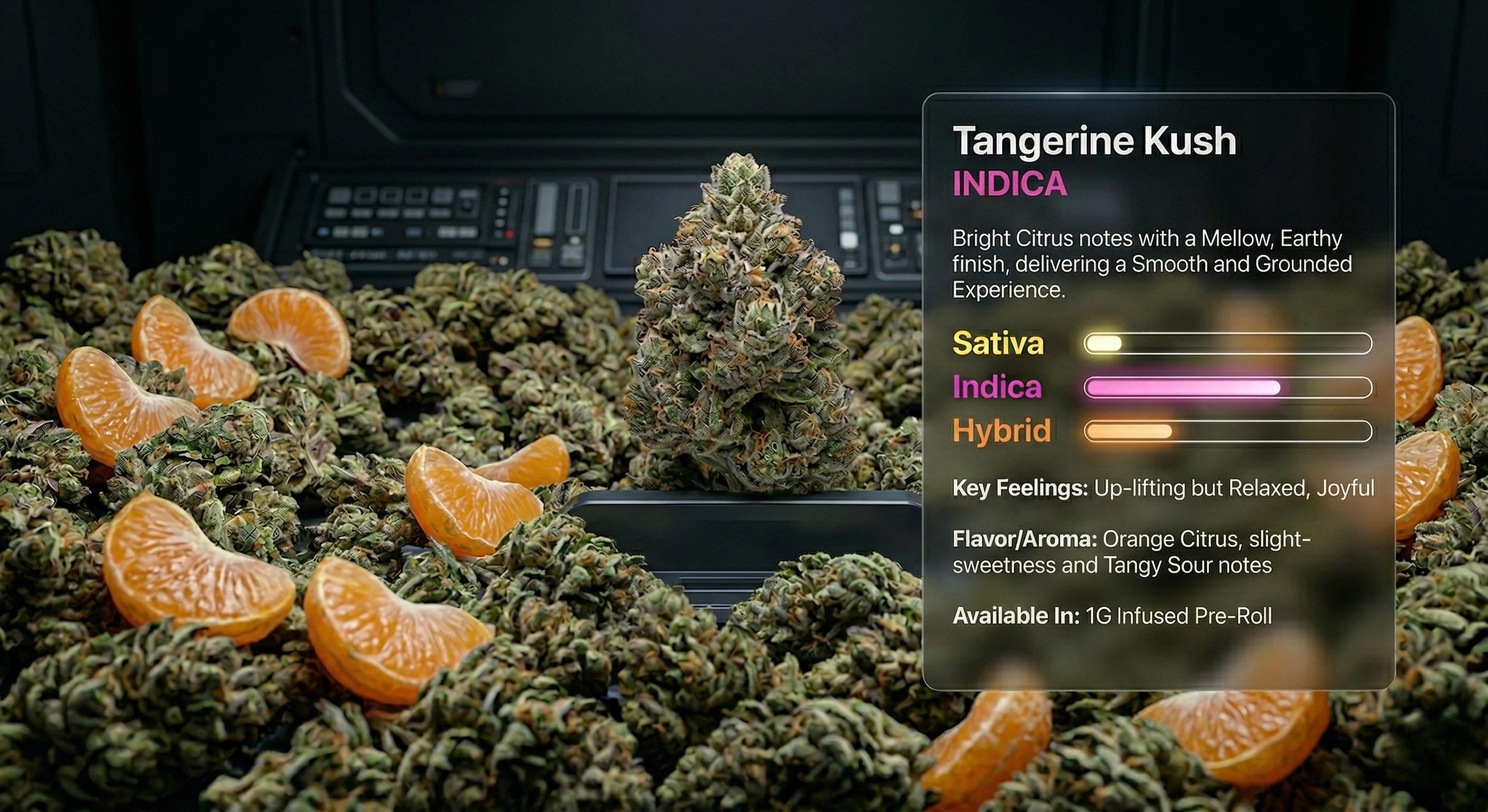 A central cannabis bud surrounded by tangerine slices with an information overlay describing the Tangerine Kush strain, including its flavor, effects, and availability.