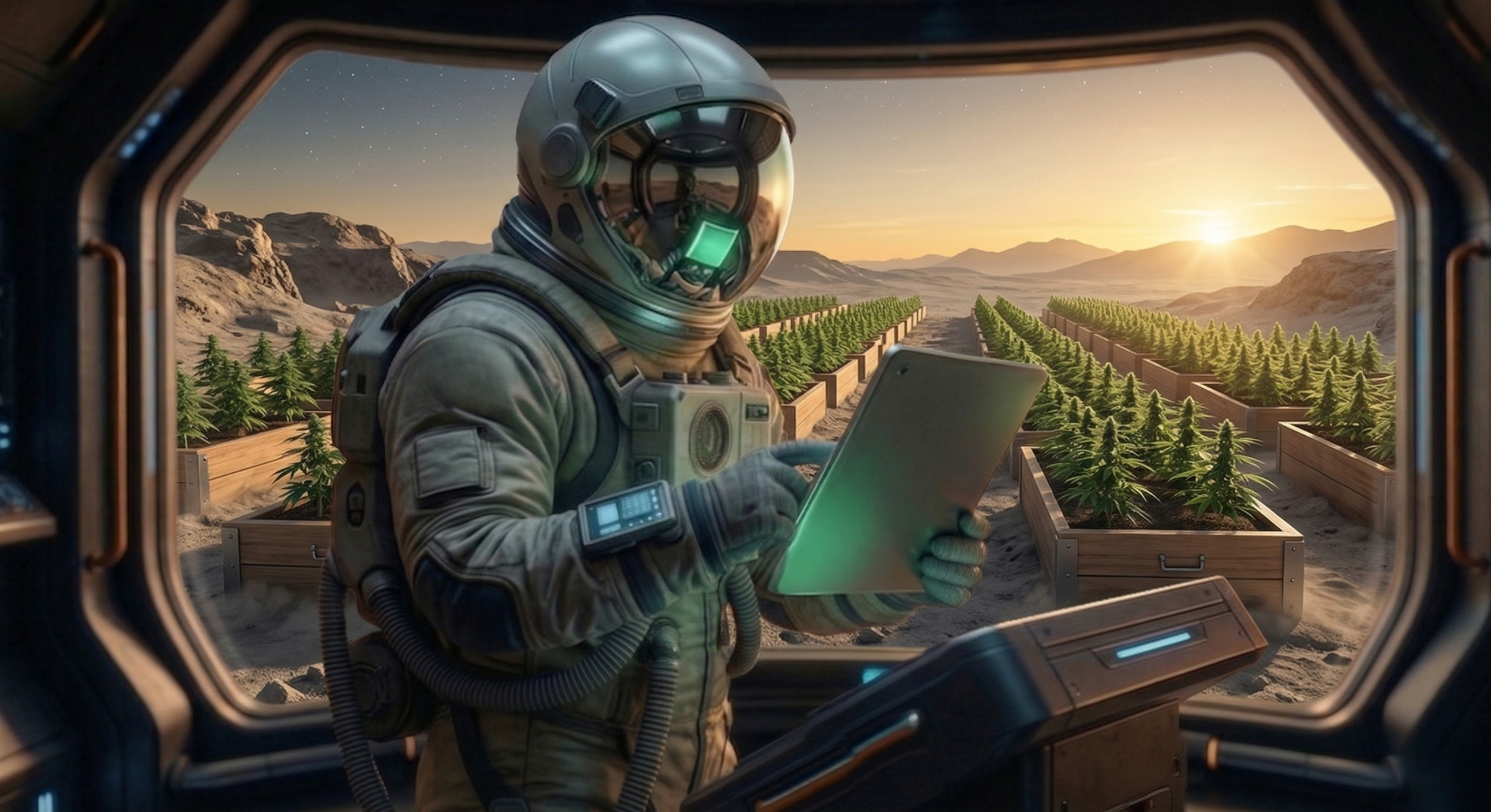 Astronaut in space suit standing inside spacecraft window, holding a tablet, examining a greenhouse on Mars with rows of cannabis plants at sunset.