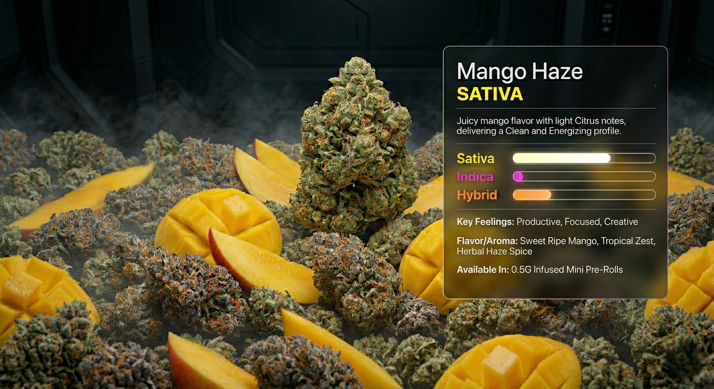 A display of Mango Haze cannabis buds and sliced mangoes with a digital overlay describing the strain's characteristics. The overlay indicates it is a sativa strain with key feelings of productivity, focus, and creativity, and flavors of ripe mango, 