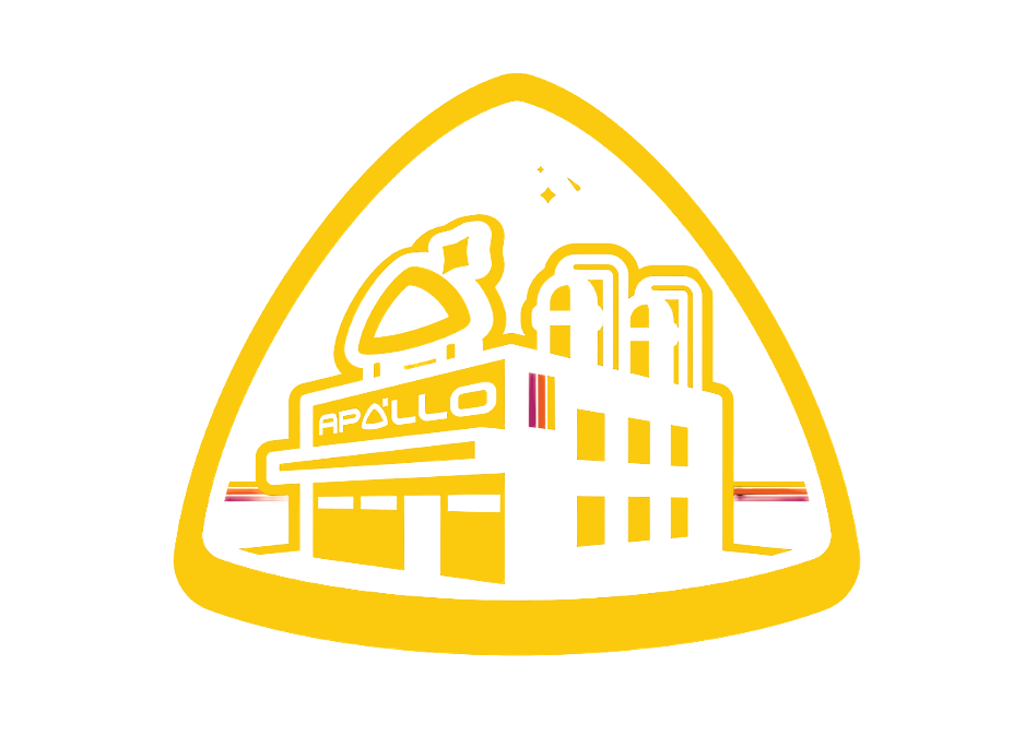 A stylized logo of a space-themed building labeled 'Apollo' with a satellite dish on top, outlined in yellow on a black background.