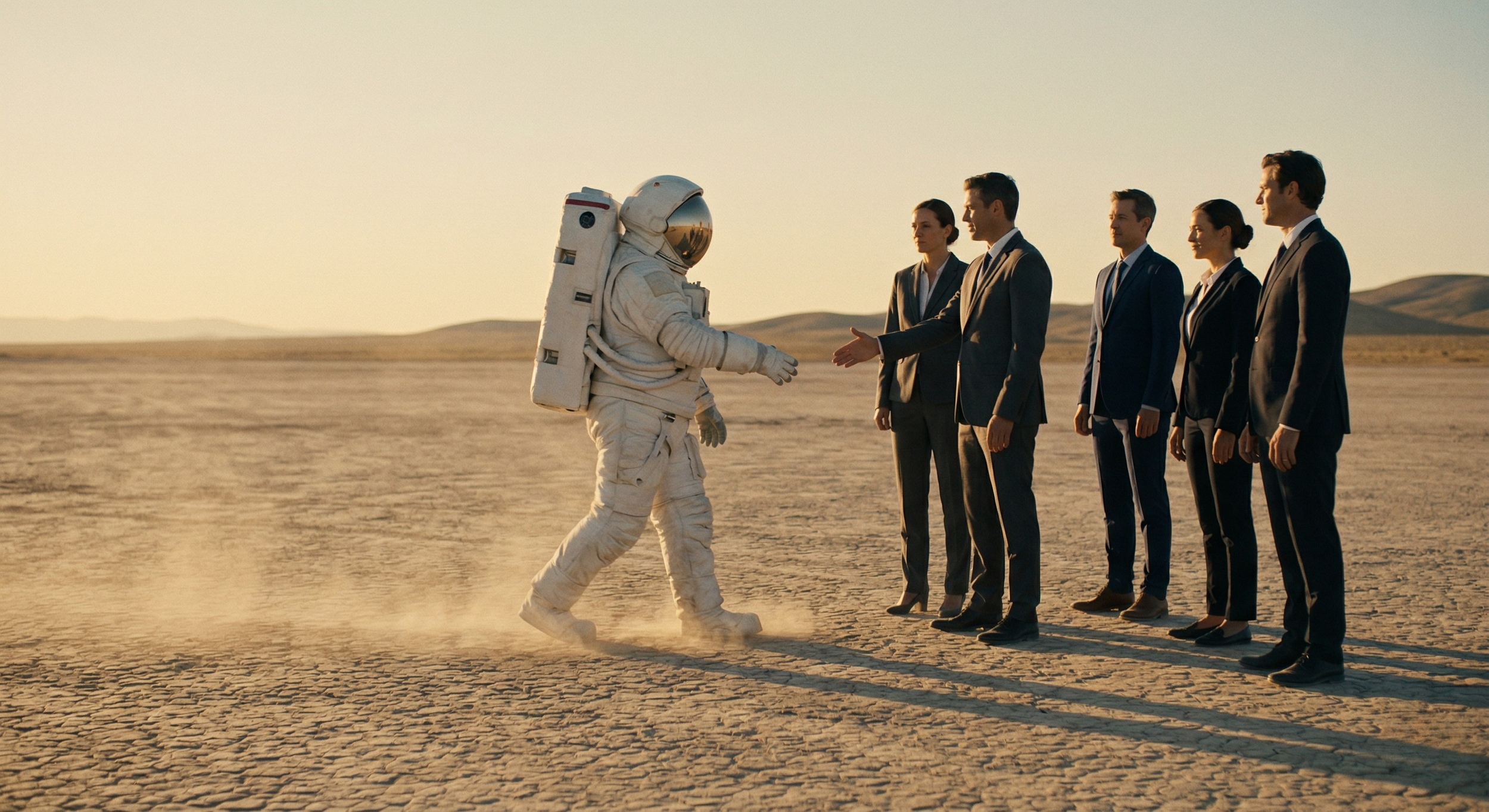 An astronaut in a spacesuit shakes hands with a man in a business suit, while four other individuals in business suits watch in a desert landscape during sunset.